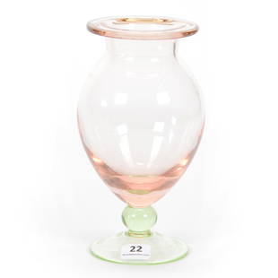 Pedestal Vase, Pink Depression Era Body: Pedestal Vase, Depression Era, Pink Body, 7" x 3.5", Green Stem And Foot, Private Collection
