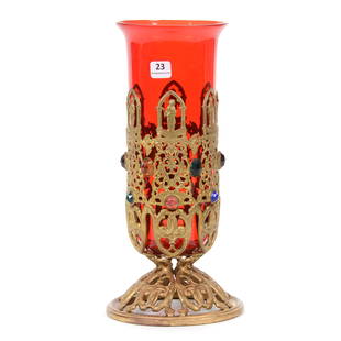 Vase In Reticulated Stand, Deep Pigeon Blood Art Glass: Vase In Reticulated Stand, Deep Pigeon Blood Art Glass, 12.5" x 6", Insert Set In Gilt Metal Reticulated Stand Featuring "Christ Our King" And Facet Cut Inset Jewels, Private Collection