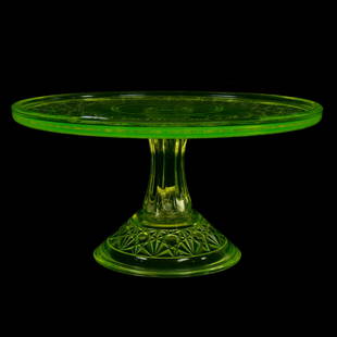 Cake Stand, Vaseline Early American Pattern Glass: Cake Stand, Vaseline Early American Pattern Glass, 5" x 9.5", Button And Daisy Design, Private Collection