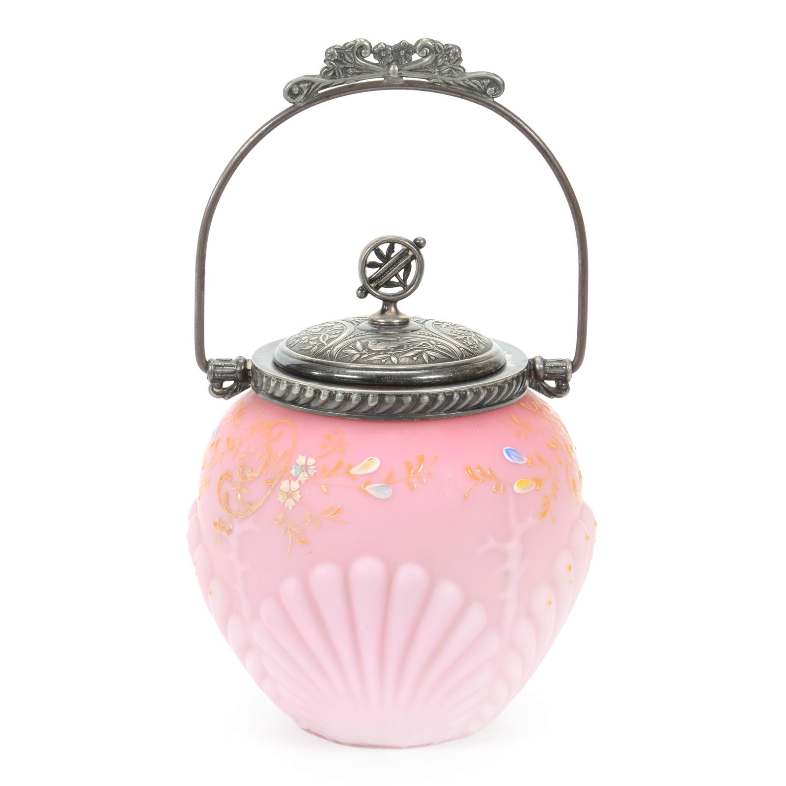 Biscuit Jar, Pink Satin Art Glass, Shell & Coral Mold (1 of 3)