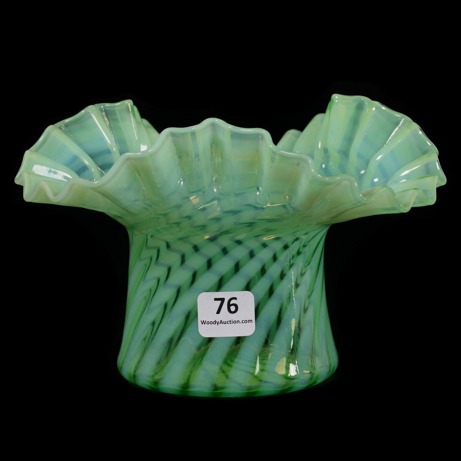 Vase, Ruffled, Tri-Corner, Green Opalescent Swirl (1 of 3)