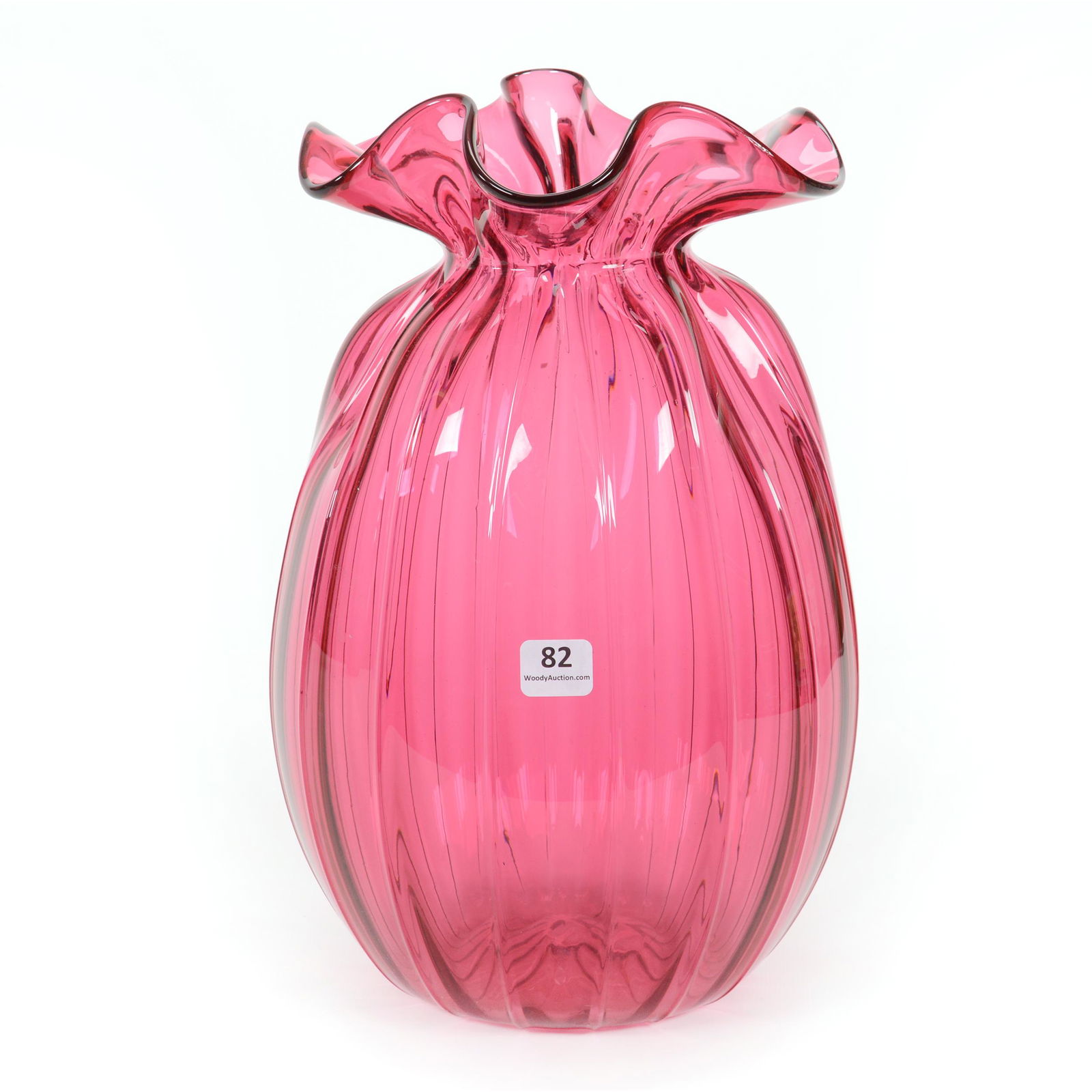 Bag Vase, Modern, Solid Cranberry Ribbed Art Glass (1 of 2)