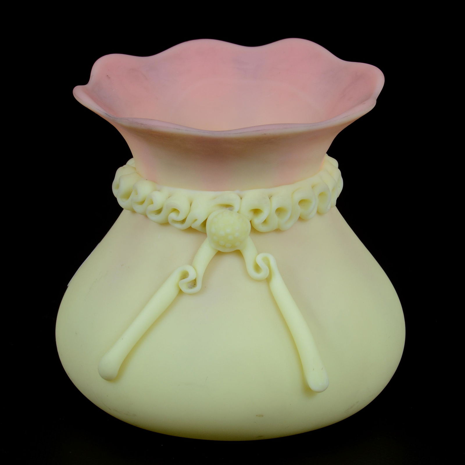 Burmese Art Glass "Bag" Vase, Applied Rigoree Neck (1 of 3)