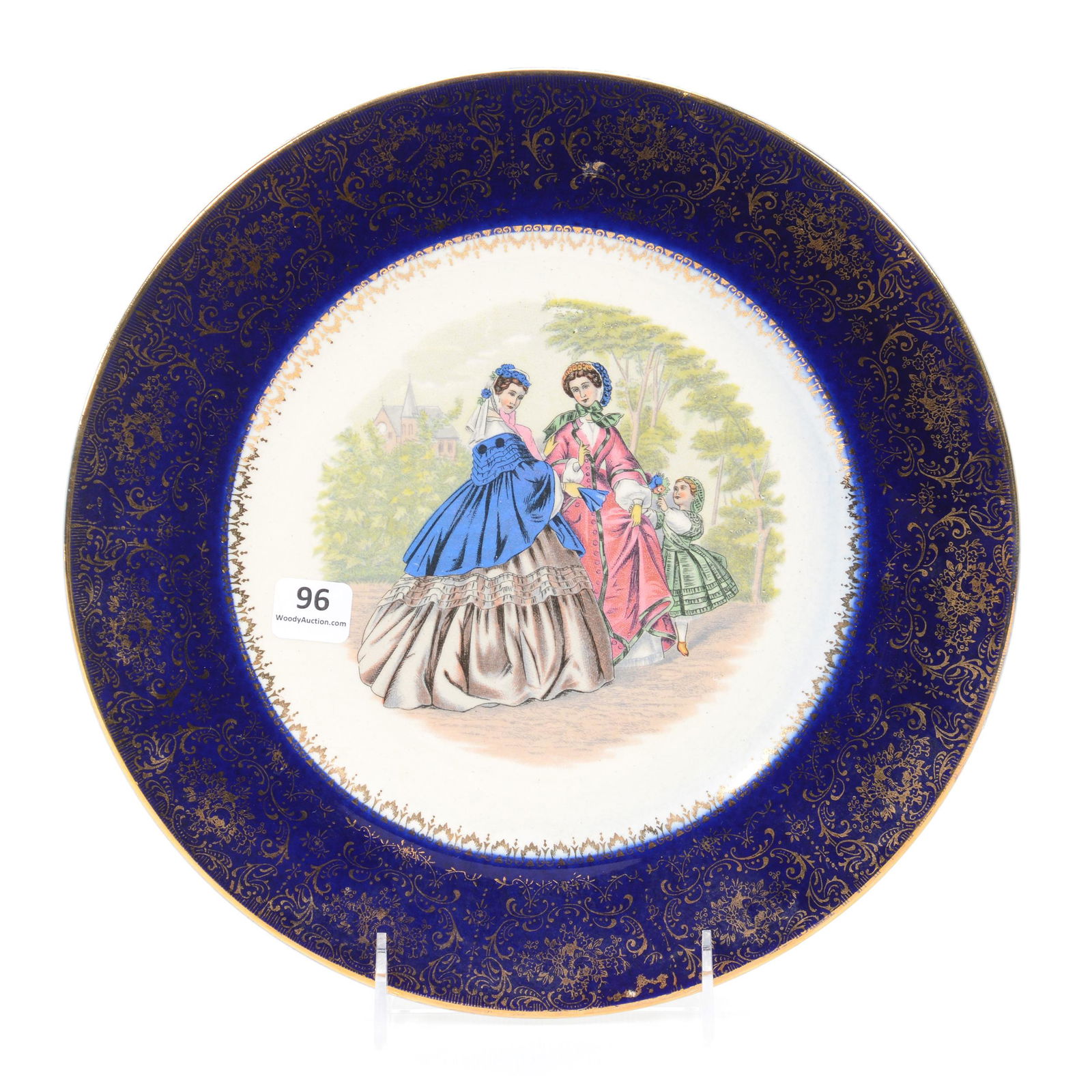 Plate Marked Salem China Company: Plate Marked Salem China Company, 10.75", Classic Scene Of Two Women With Child In Dress, Cobalt Blue Border, 23k Gold Highlights, Private Collection