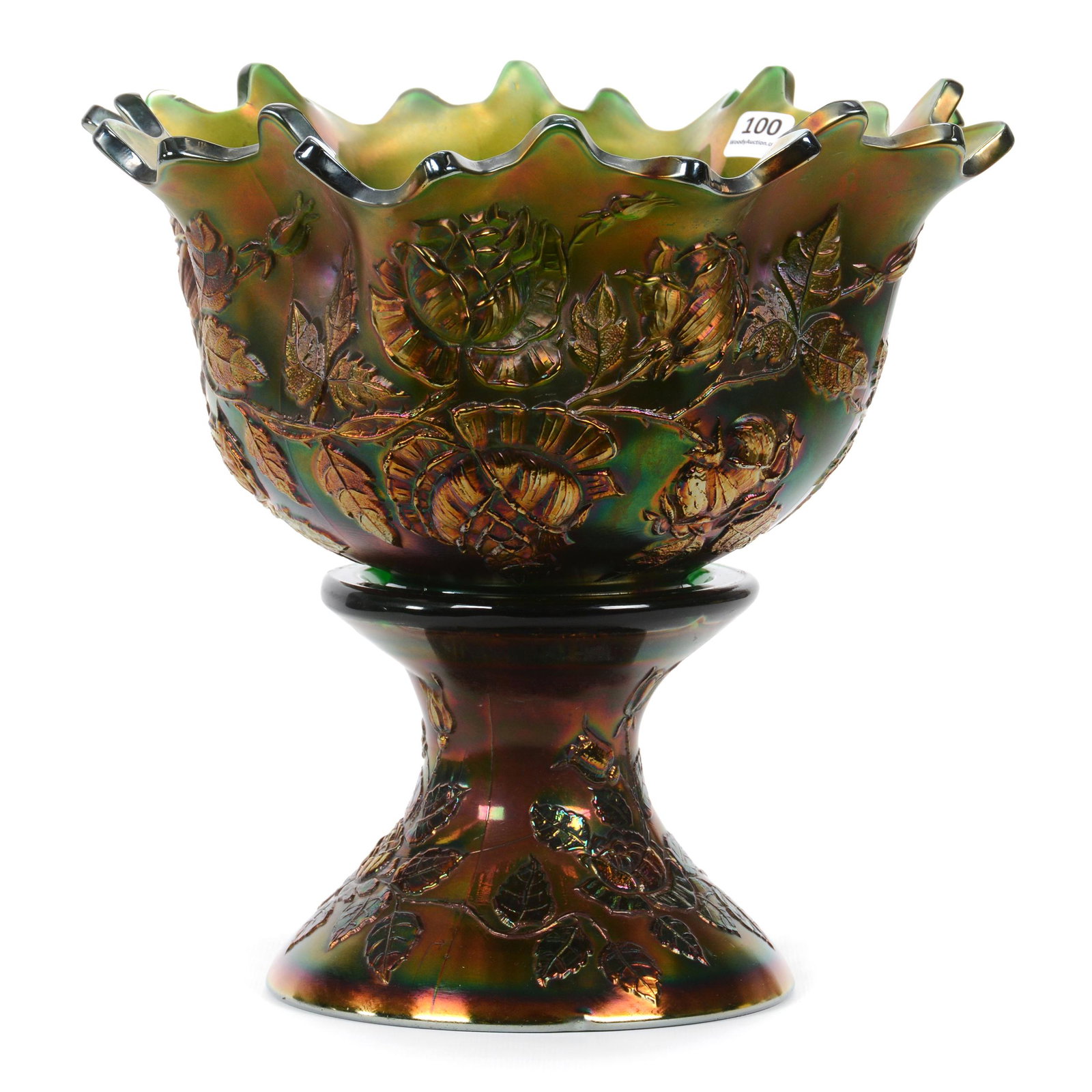 Carnival Glass Punch Bowl, Wreath Of Roses by Fenton: Carnival Glass Punch Bowl, Wreath Of Roses by Fenton, 11" x 11", Green, Some Teeth Have Been Professionally Polished, Burst Bubble On Interior Rim Base, Private Collection