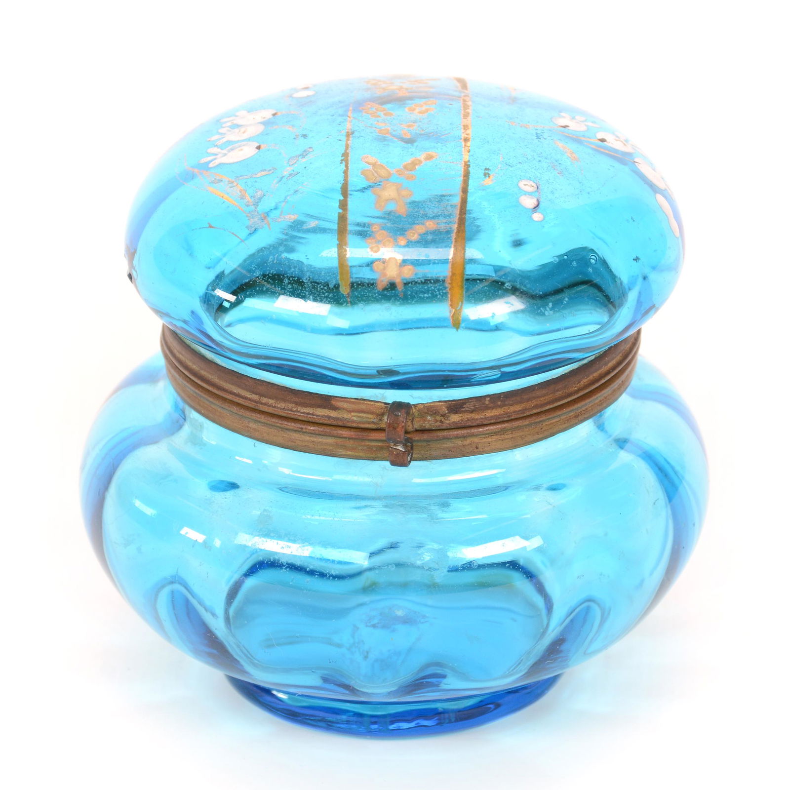 Jewel Box, Blue Optic Rib Art Glass, Decorated (1 of 3)