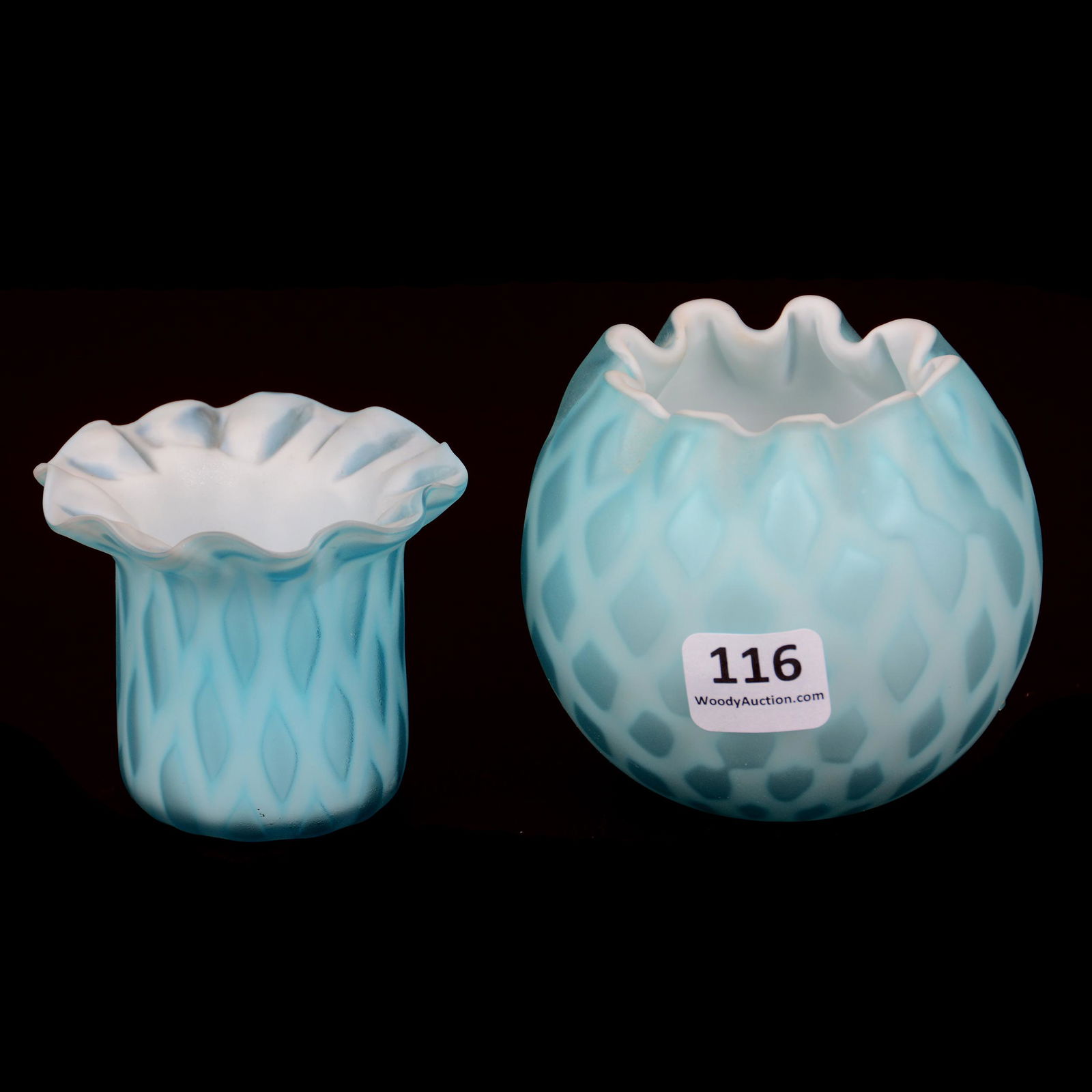 (2) Contemporary Blue Satin Mother Of Pearl Items: (2) Contemporary Blue Satin Mother Of Pearl Items, Diamond Quilted, (1) 3" X 3" Rose Bowl, (1) 2.25" X 2.75" Toothpick Holder, Private Collection