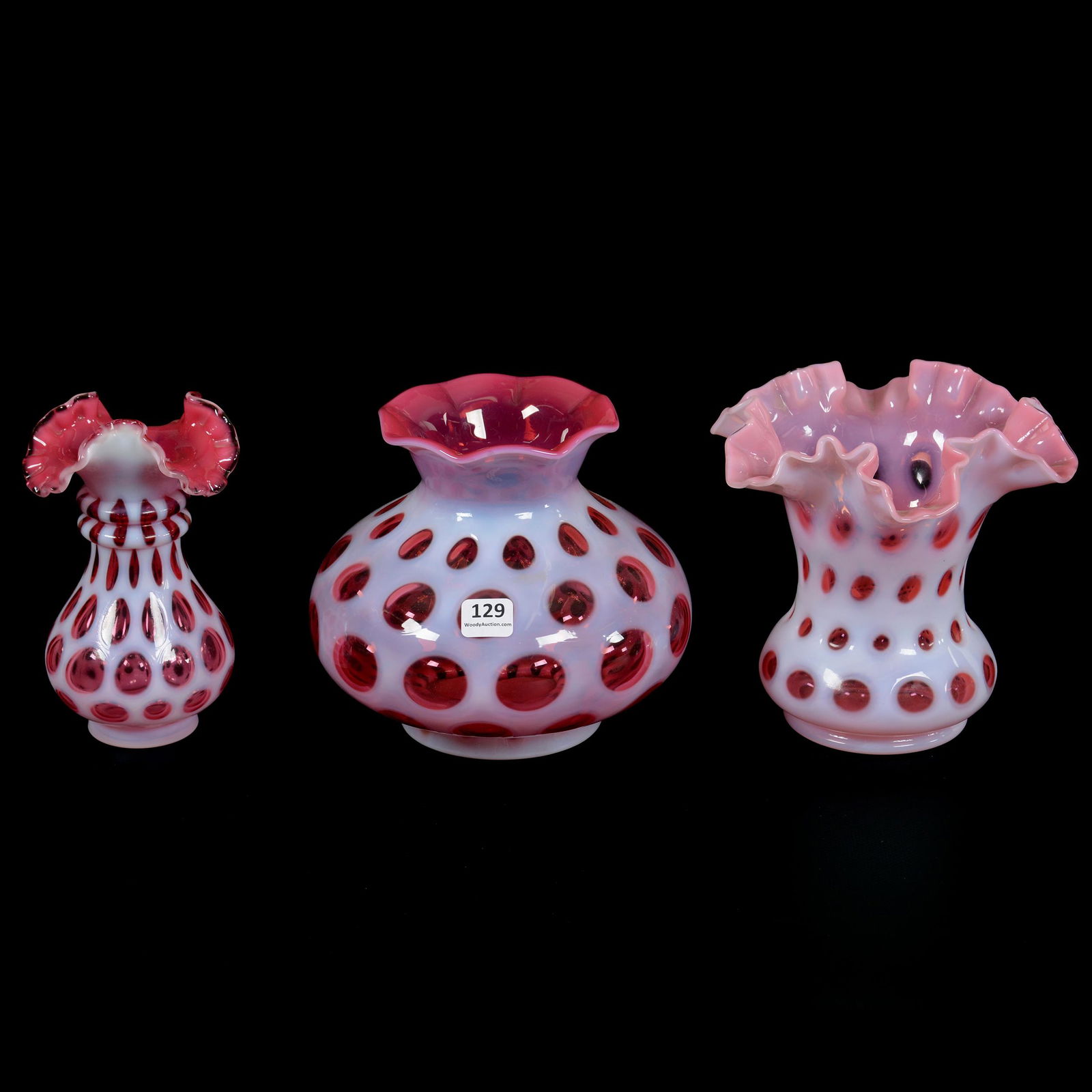(3) Cranberry Opalescent Art Glass Vases (1 of 3)