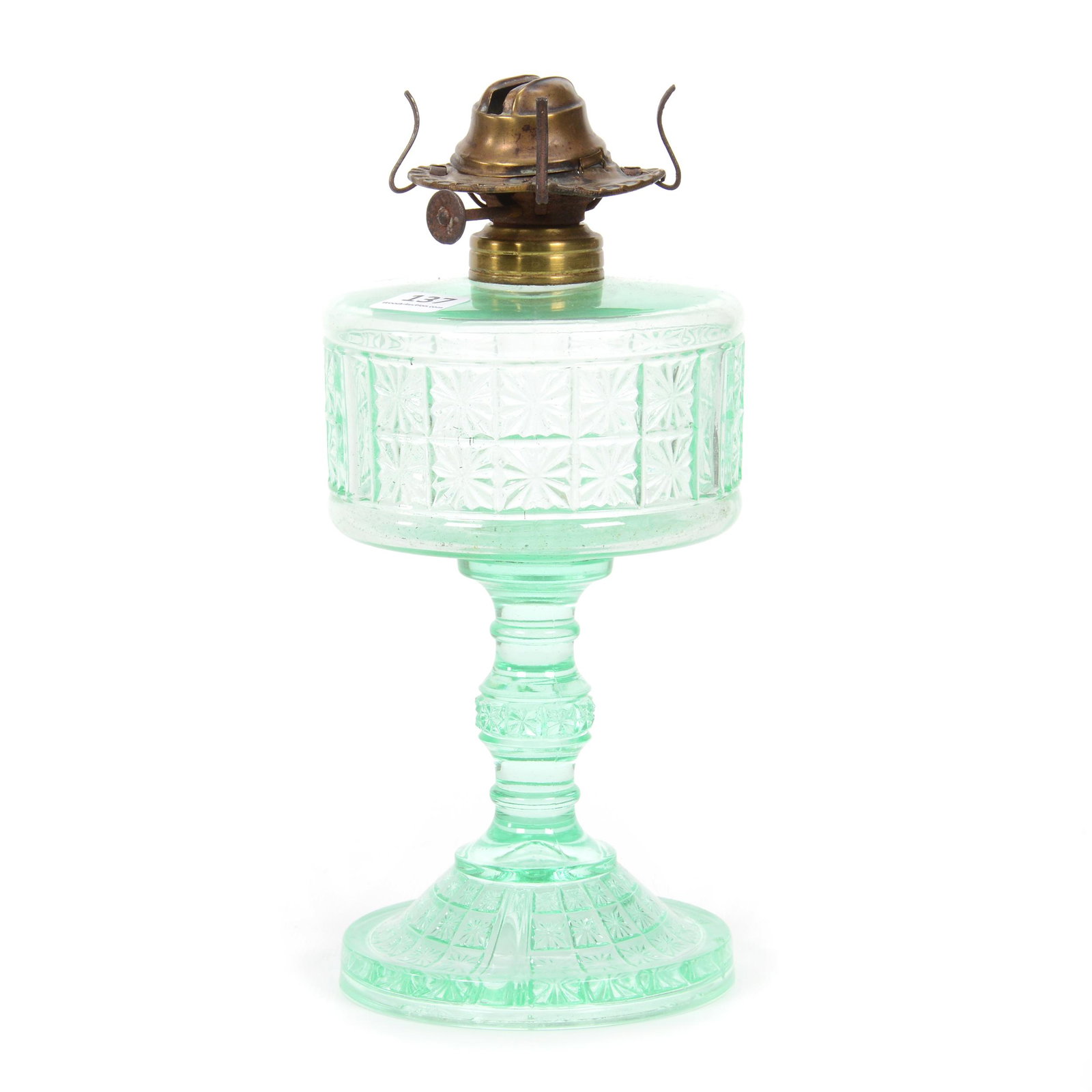 Kerosene Lamp, Ice Green Star Block Design: Kerosene Lamp, Ice Green Star Block Design, 9.25" x 4.25", Light Base Roughness, Private Collection