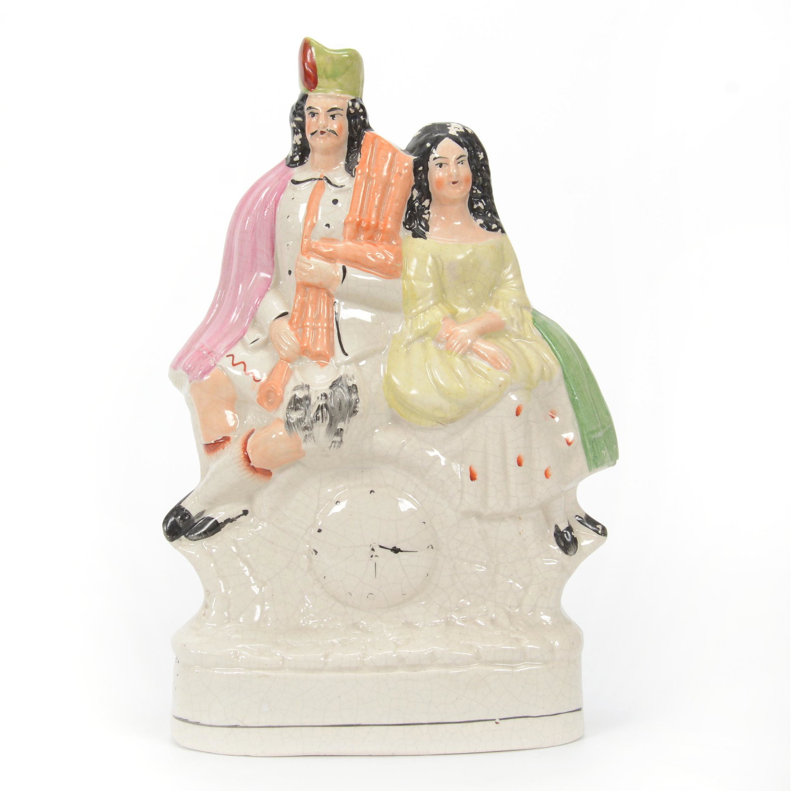 Figural Group, Unmarked Staffordshire: Figural Group, Unmarked Staffordshire, 13" x 8.5", Regally Dressed Man And Woman Seated On Clock, Heavy Crazing, Some Light Paint Loss On Hair, Private Collection