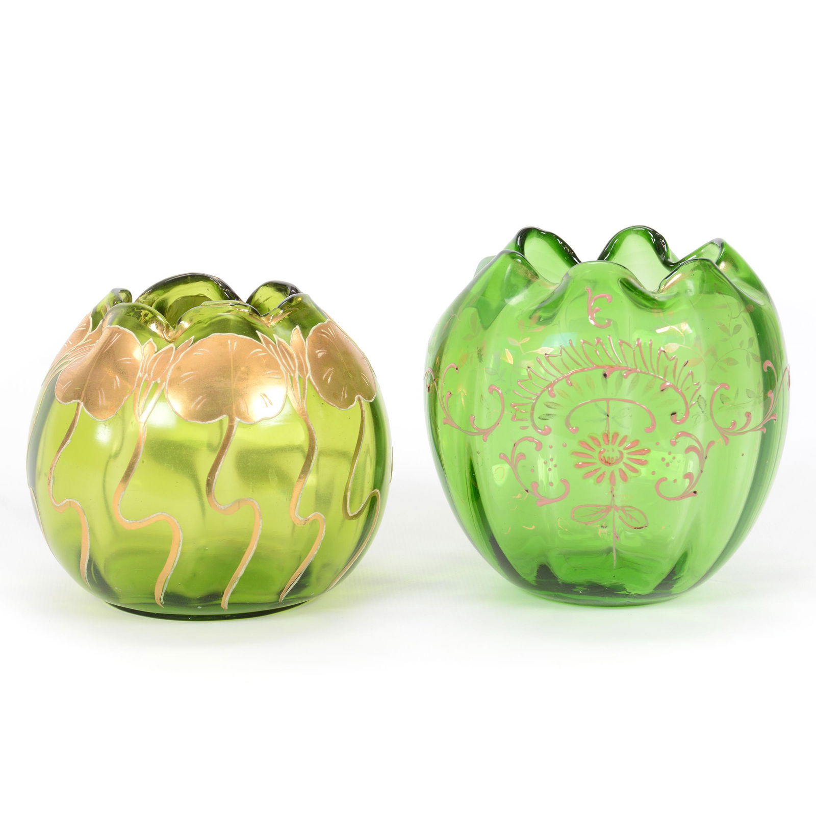 (2) Rose Bowls, Green Art Glass (1 of 3)