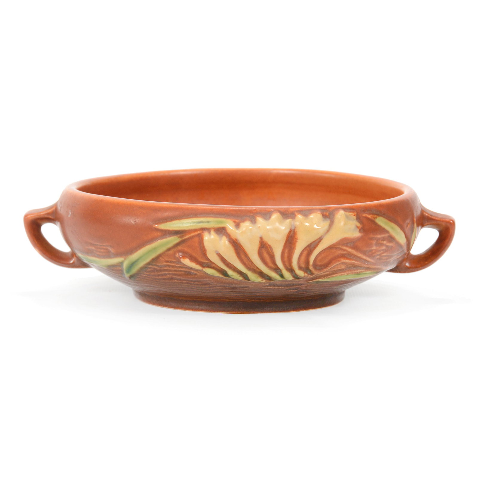 Bowl, Roseville Art Pottery #646-6", Freesia Pattern: Bowl, Roseville Art Pottery #646-6", Freesia Pattern, 2.25" x 8.25", Brown Tones, Two Handles, The David Risen Collection of Ohio
