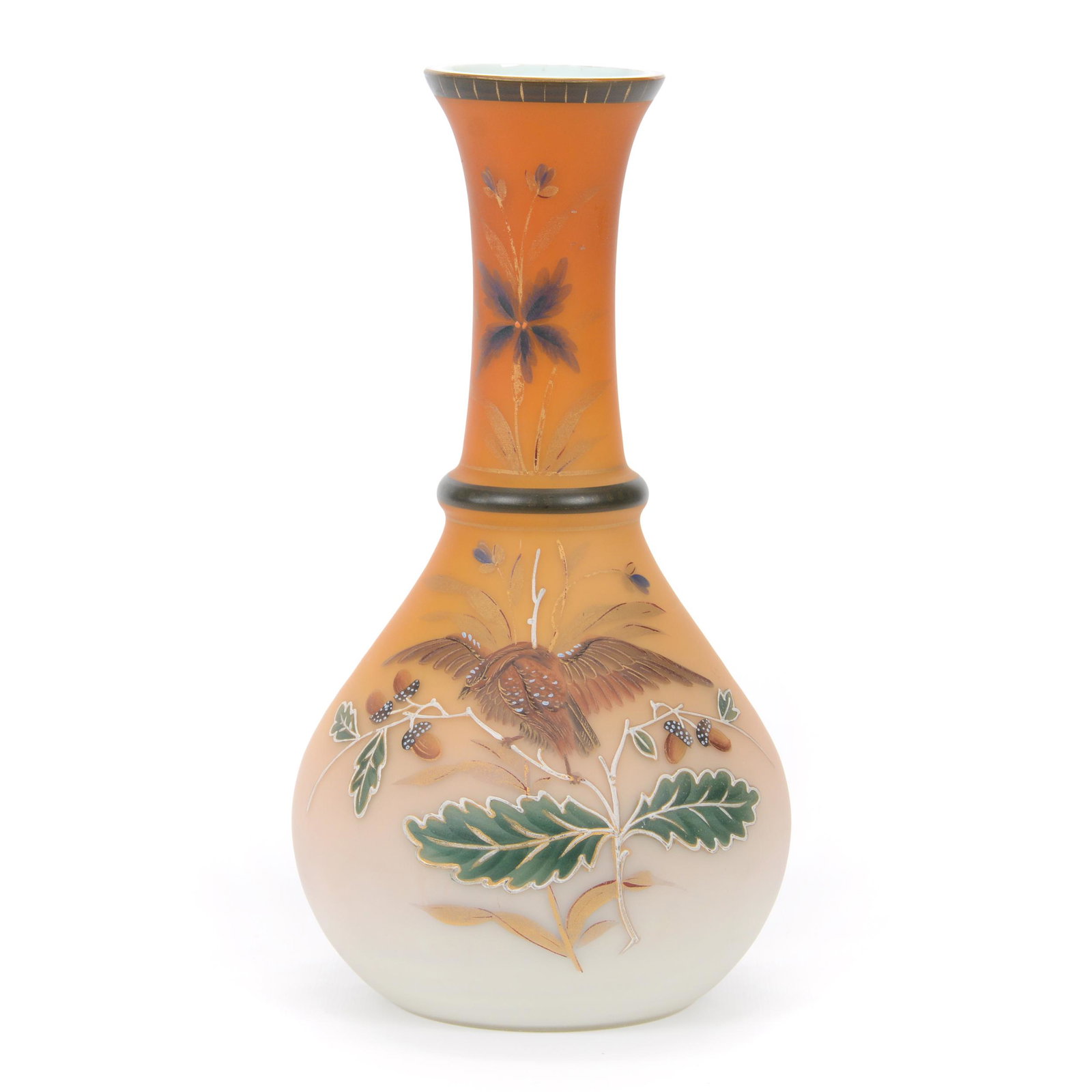 Vase, Satin Art Glass W/ Enamel Bird & Acorn Decor: Vase, Satin Art Glass With Enamel Bird & Acorn Decor, 10.25" x 5.5", Cased Brown Shading To White, The David Risen Collection of Ohio