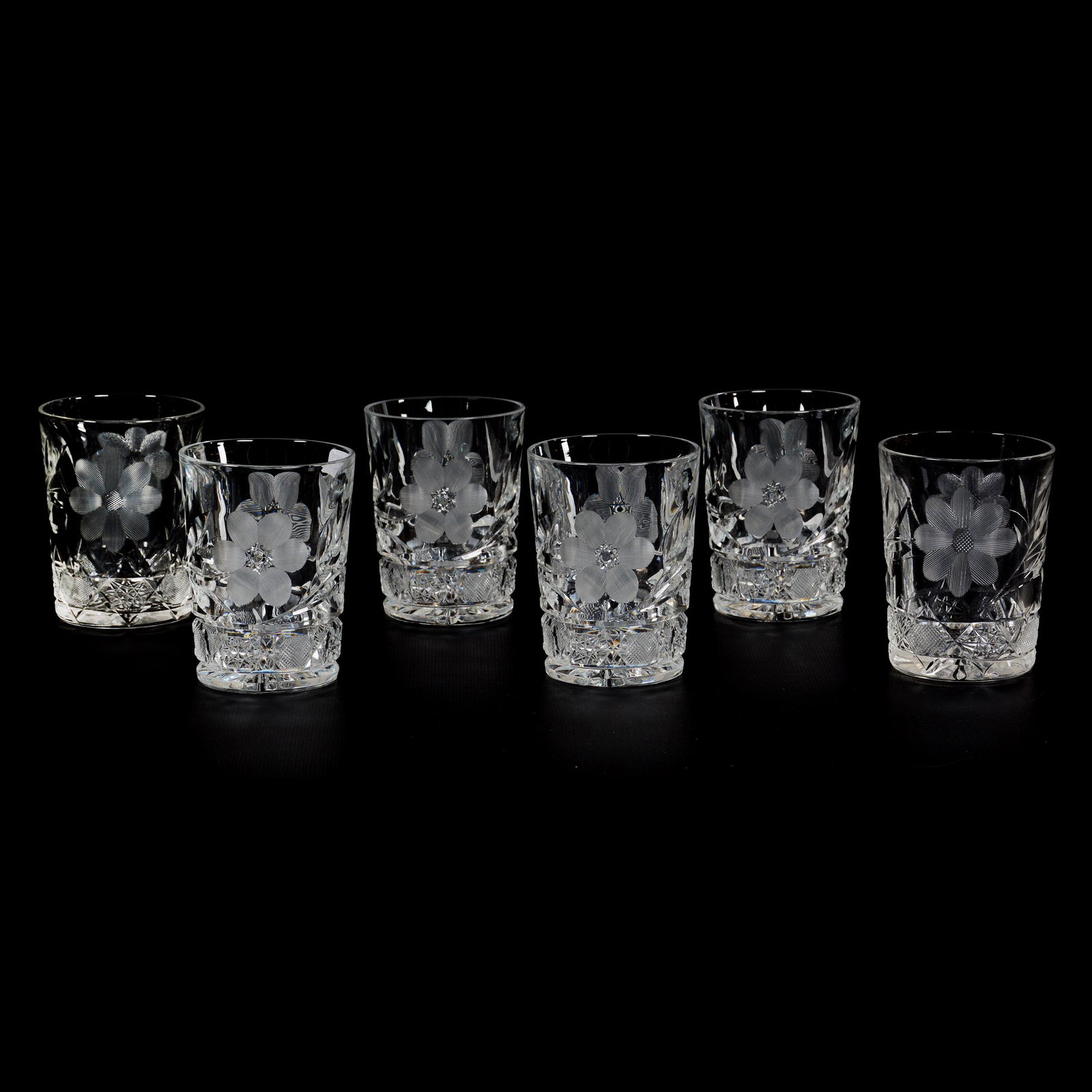 (6) Tumblers, American Brilliant Cut Glass: (6) Tumblers, American Brilliant Cut Glass, 4", Engraved Floral And Geometric Motif, Two Have Minor Pattern Variation, (1) Has Professional Rim Repair, The Glenda Klein Collection
