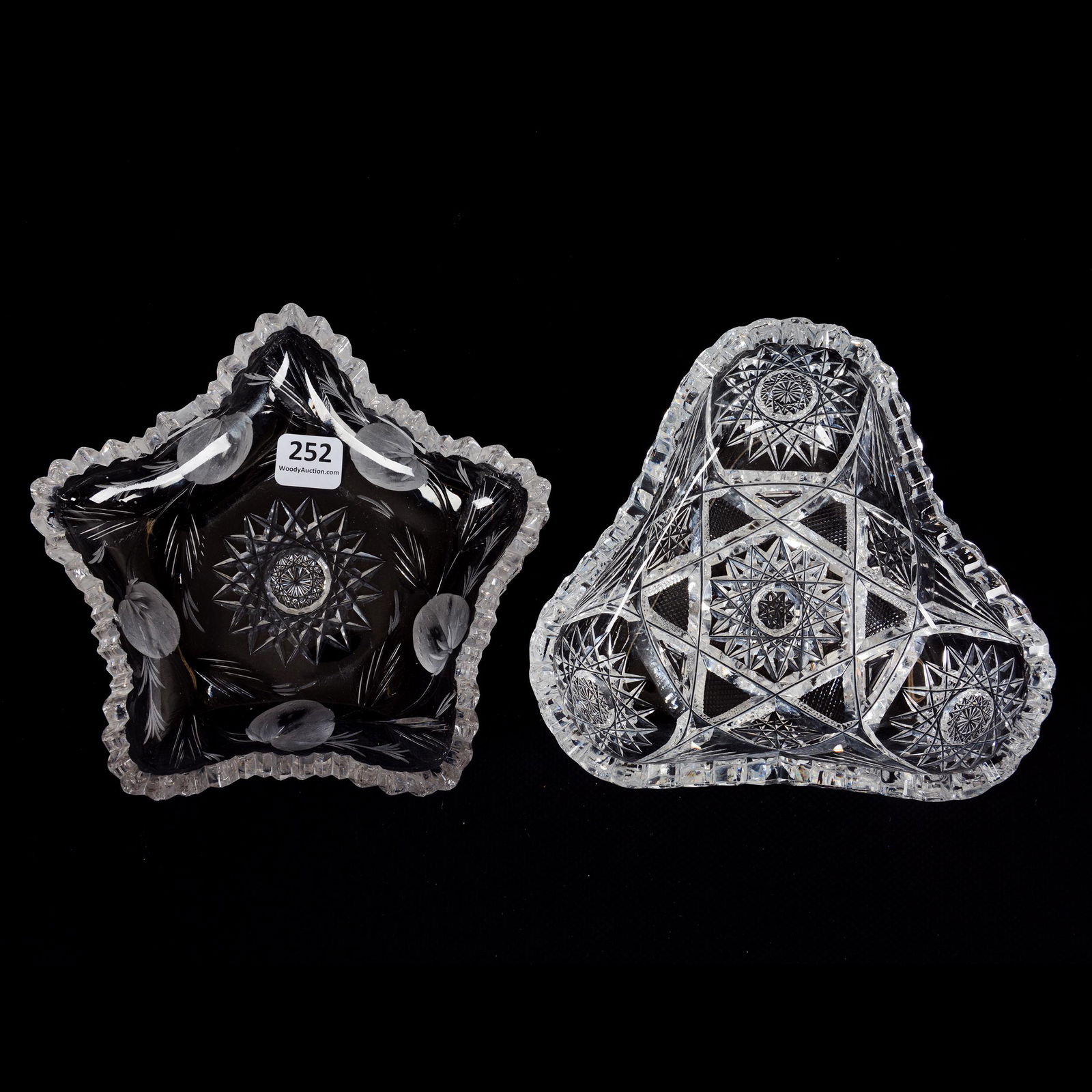 (2) Bon-Bons, American Brilliant Cut Glass: (2) Bon-Bons, American Brilliant Cut Glass, (1) 1.75" X 6", Three-Sided, Hobstar, Strawberry Diamond And Fan Motif, Two Tooth Chips, (1) 1.25" X 6.5", Five-Sided, Signed Hawkes, Engraved Strawberry Mo