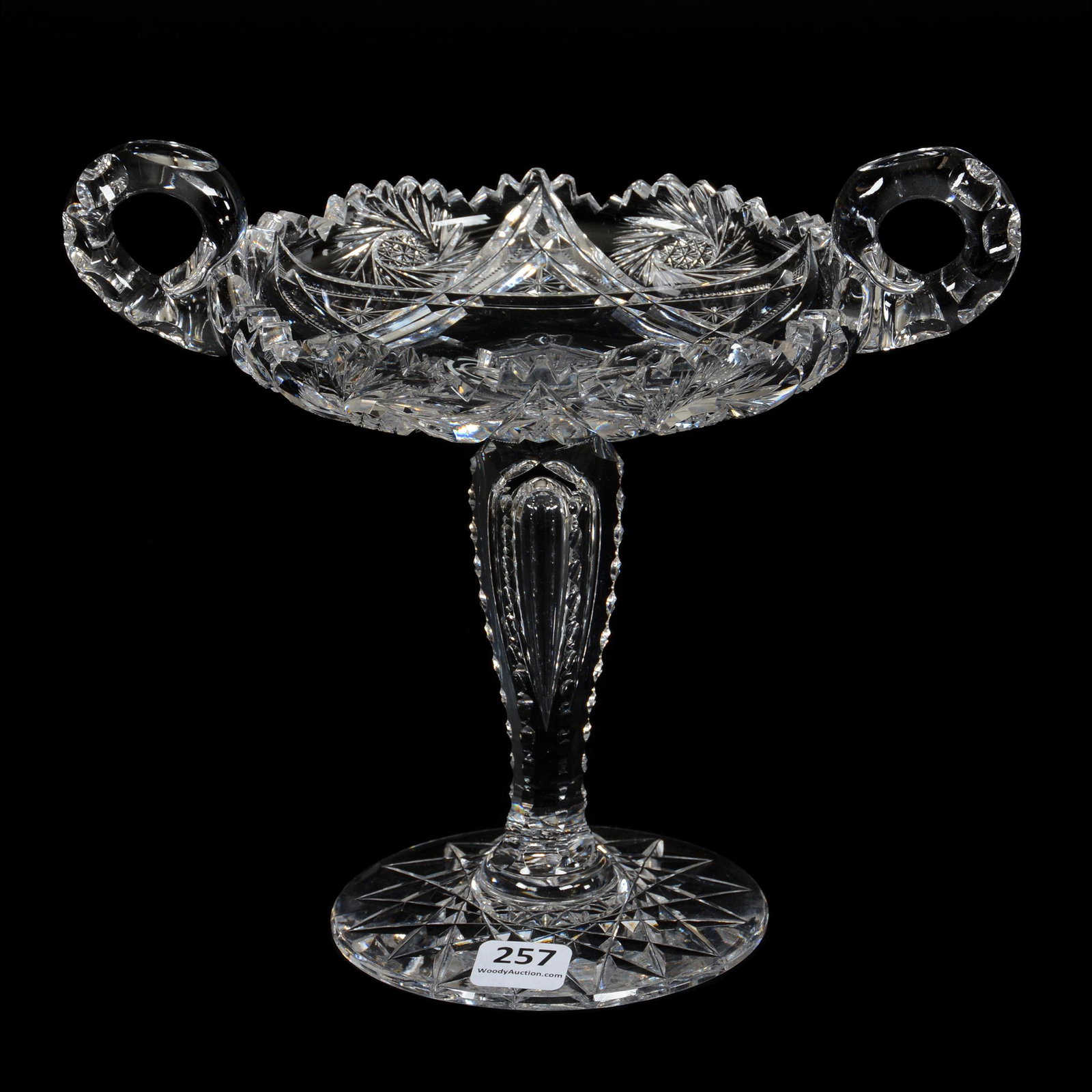 Compote, Two Handles, American Brilliant Cut Glass,: Compote, Two Handles, American Brilliant Cut Glass, Signed Clark, 7.75" x 8.75", Six-Pointed Star With Pinwheel And Prism Highlights, Double Notched Handles, Notched Teardrop Stem, Hobstar Foot, Clear