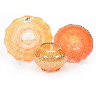 (3) Carnival Glass Items, Fenton's Persian Medallion: (3) Carnival Glass Items, Fenton's Persian Medallion, All Are Marigold, (1) 6.25" Flat Plate, (1) 5" Bowl, (1) 3.25" X 4.5" Rose Bowl, Modern, The David Risen Collection of Ohio