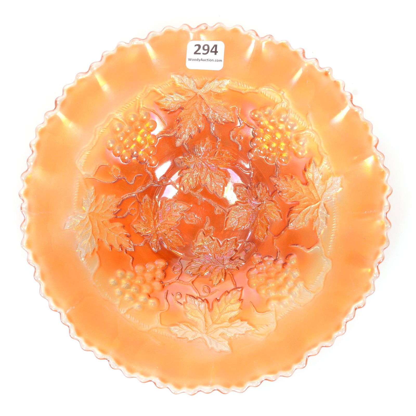 Bowl, Carnival Glass, Northwood Grape & Cable: Bowl, Carnival Glass, Northwood Grape & Cable, 8.25", Marigold, Pie Crust Edge, Plain Exterior, The David Risen Collection of Ohio