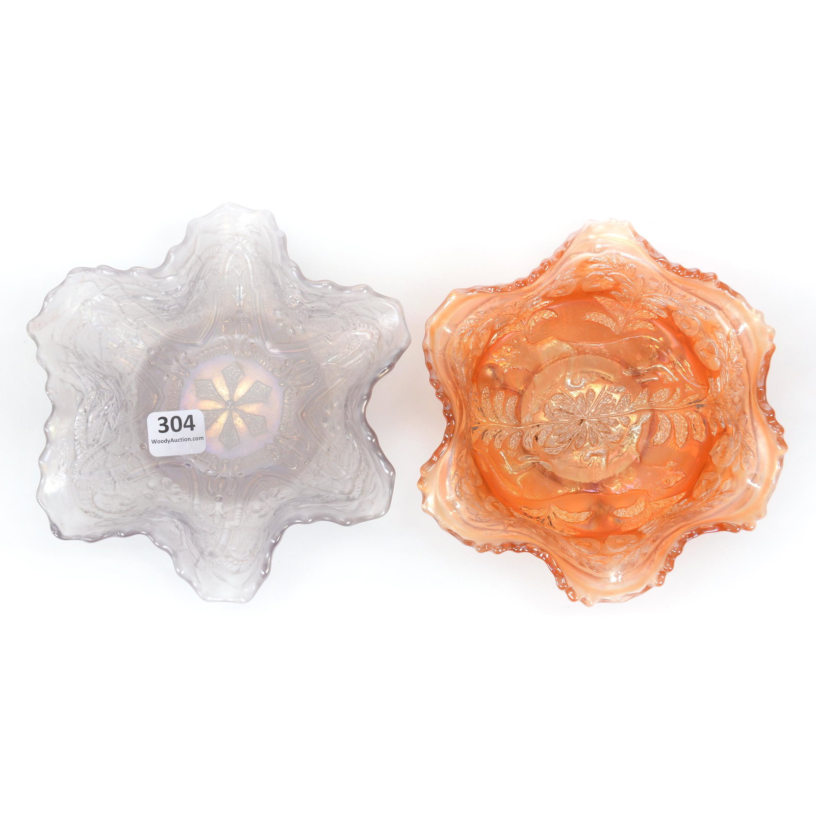 (2) Bowls, Carnival Glass: (2) Bowls, Carnival Glass, (1) 5.75", Garden Path Variant By Dugan, Pale Lavender/Smoke, Ruffled, Soda Gold Exterior, (1) 5.5", Marigold, Panther Interior, Butterfly & Berry Exterior, Ruffled, The Dav