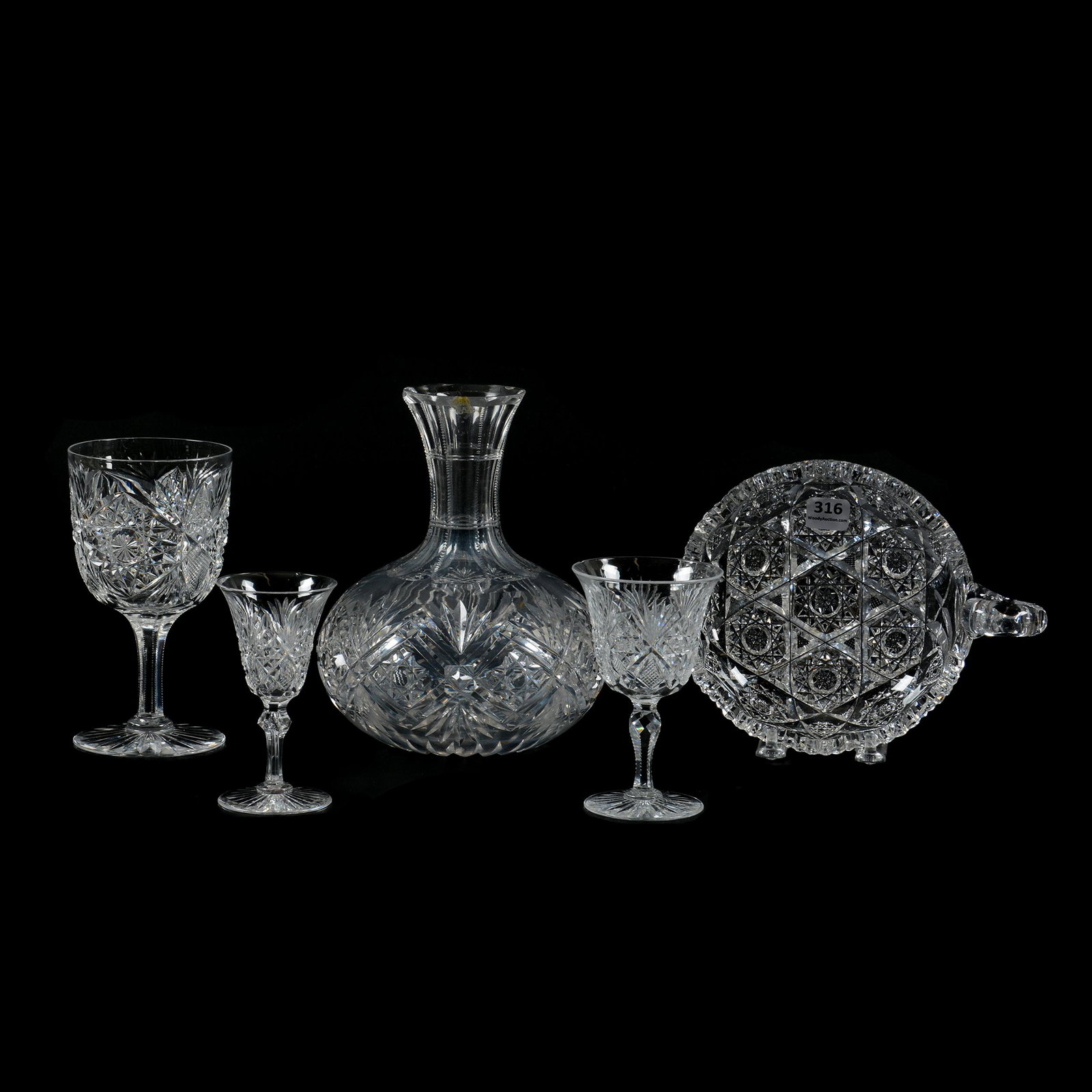 (5) Assorted American Brilliant Cut Glass Items,: (5) Assorted American Brilliant Cut Glass Items, Damaged, (1) 7.5" X 6", Water Carafe, Signed Hawkes Cyprus Pattern, Ray Cut Base, Poor Chip Repair On Rim, (1) 6.25" Water Goblet, Monarch Pattern By J