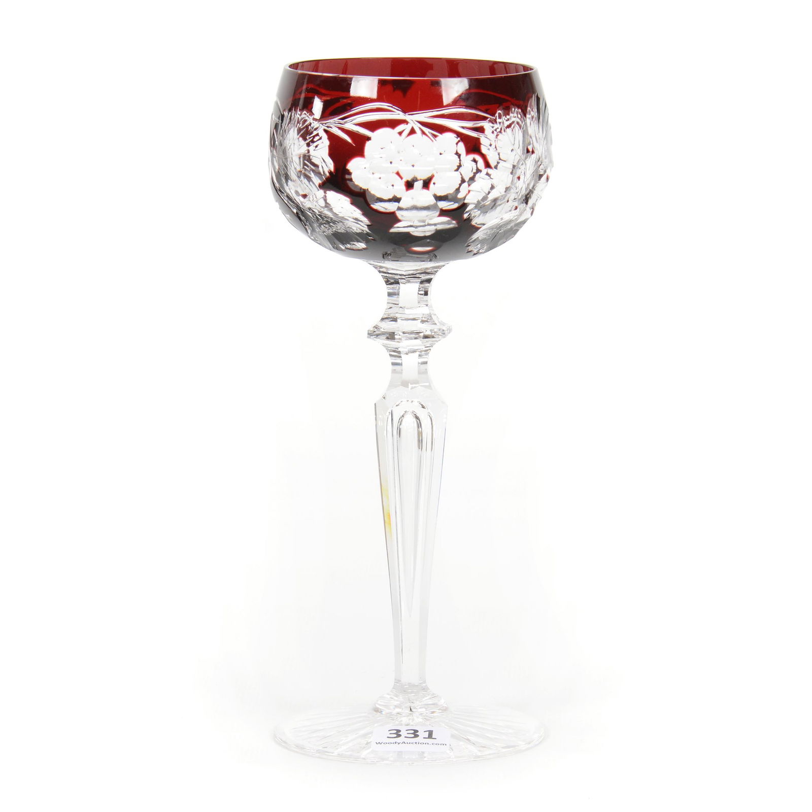 Wine Stem, Brilliant Period Cut Glass, Ruby Engraved To: Wine Stem, Brilliant Period Cut Glass, Ruby Engraved To Clear, 7.5" x 3.25", Vintage Motif, Air Trap Stem, Ray Cut Foot, The Glenda Klein Collection