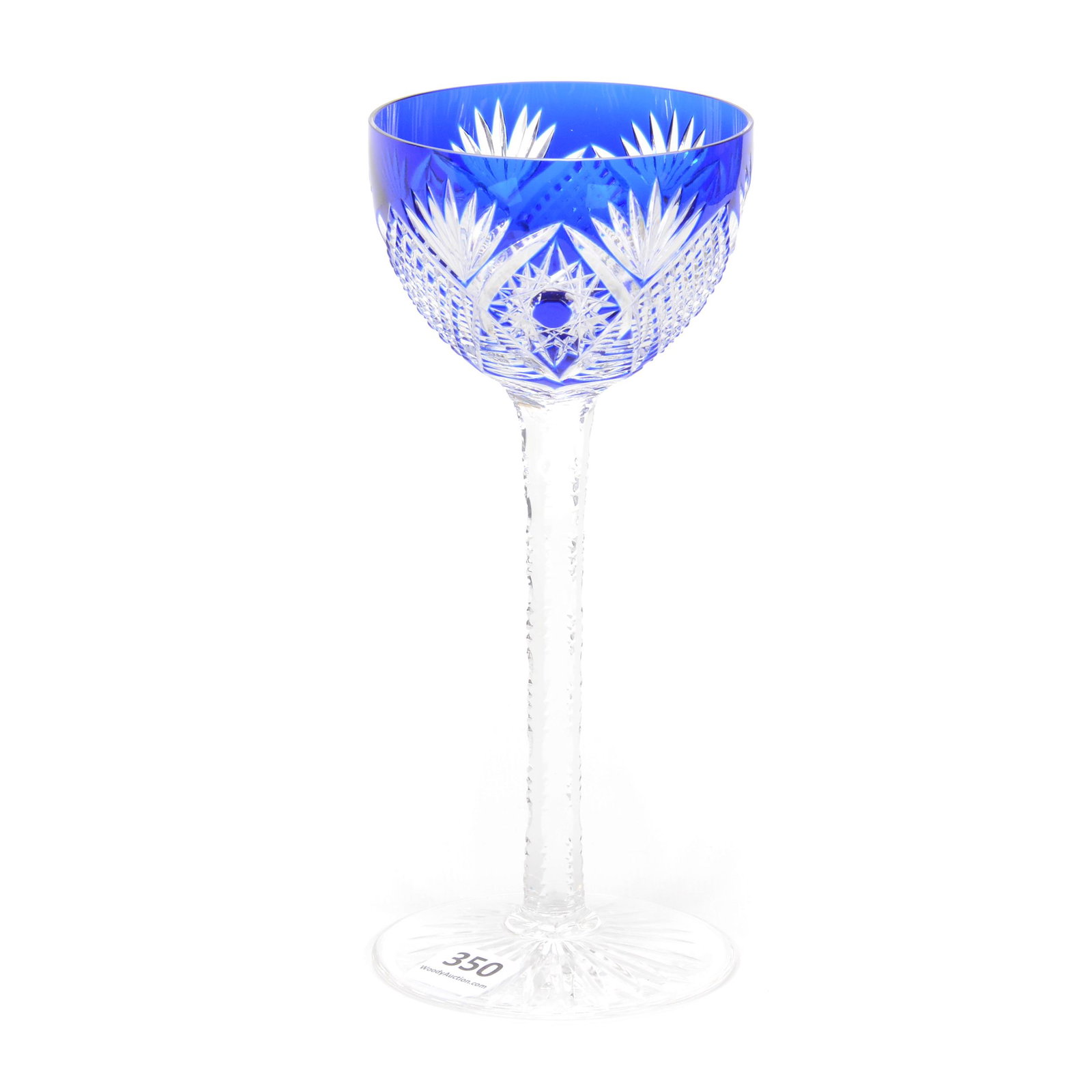 Wine Stem, Brilliant Period Cut Glass, Blue Cut To: Wine Stem, Brilliant Period Cut Glass, Blue Cut To Clear, 7.5" x 3.25", Hobstar, Diamond, Step Cut And Fan Motif, Solid Notched Stem, Ray Cut Foot, Attributed To Val St. Lambert, The Glenda Klein Coll