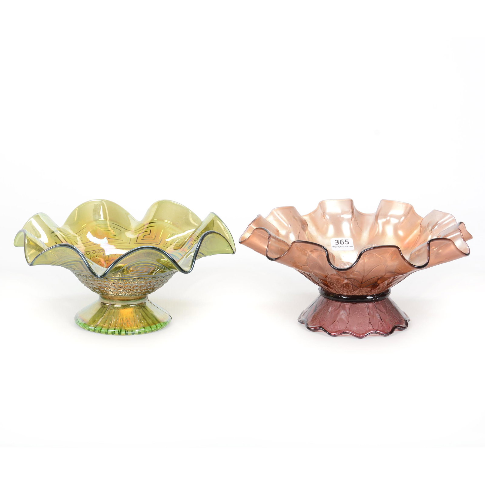 (2) Bowls, Carnival Glass, Dome Footed: (2) Bowls, Carnival Glass, Dome Footed, (1) 8.75", Greek Key And Scales By Northwood, Green, Plain Interior, Ruffled, (1) 8.75", Stippled Petals, Amethyst, The David Risen Collection of Ohio
