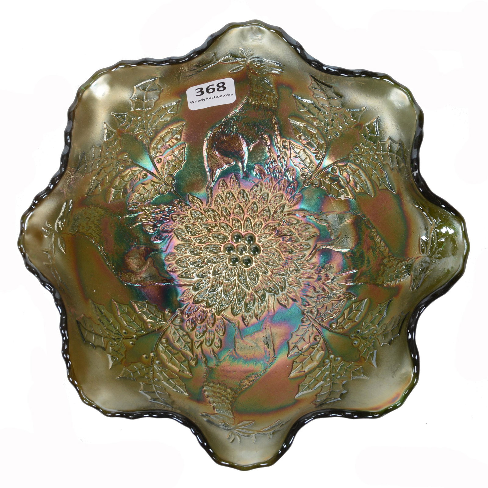 Bowl, Carnival Glass, Stag & Holly By Fenton: Bowl, Carnival Glass, Stag & Holly By Fenton, 7.75", Green, Ruffled, Three Spatula Feet, The David Risen Collection of Ohio