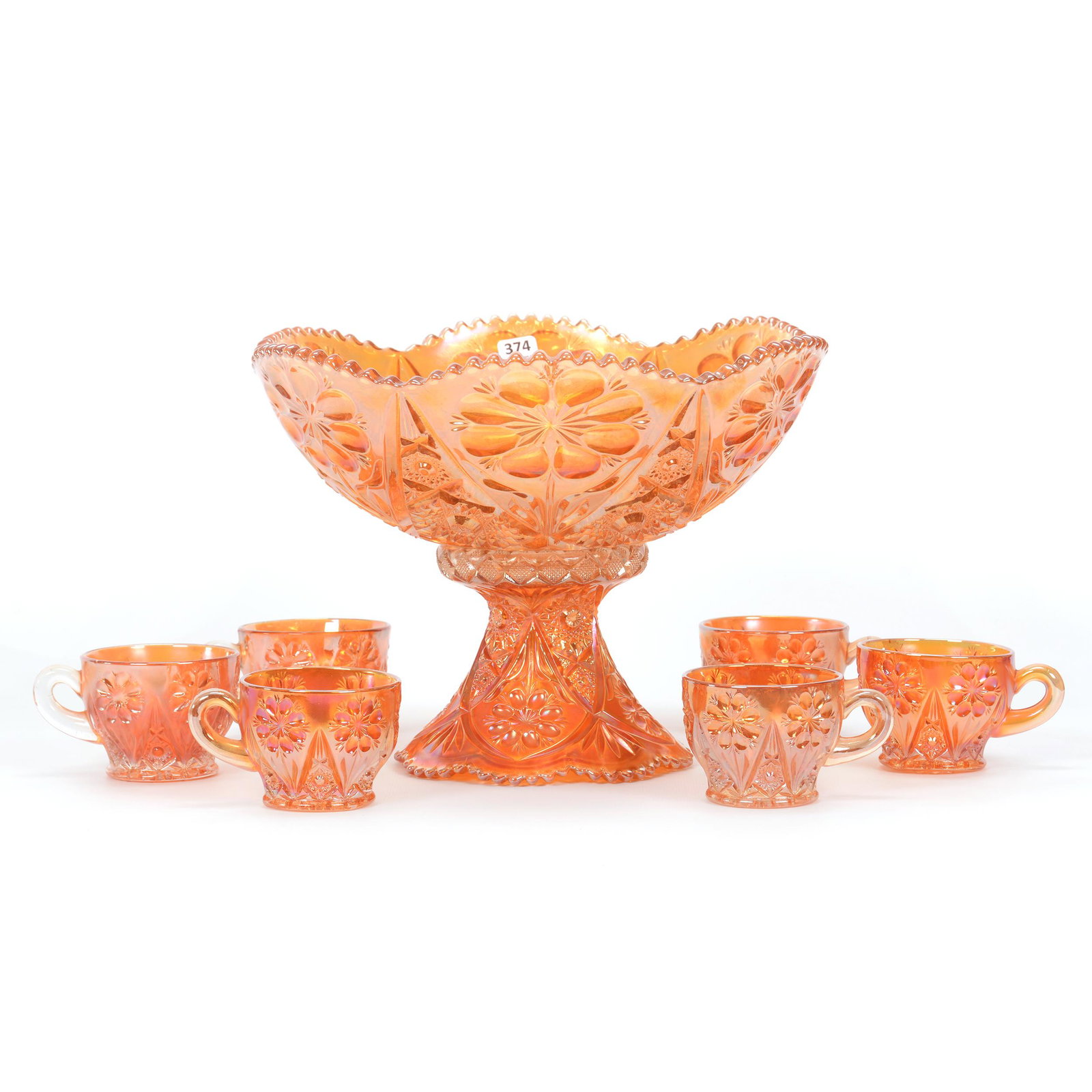 Punch Set, Carnival Glass, 474 By Imperial: Punch Set, Carnival Glass, 474 By Imperial, 9" x 12", Marigold, (1) 9" X 12" Punch Bowl, (6) Matching Punch Cups, Small Base Chip On Rim Of Bowl, The David Risen Collection of Ohio