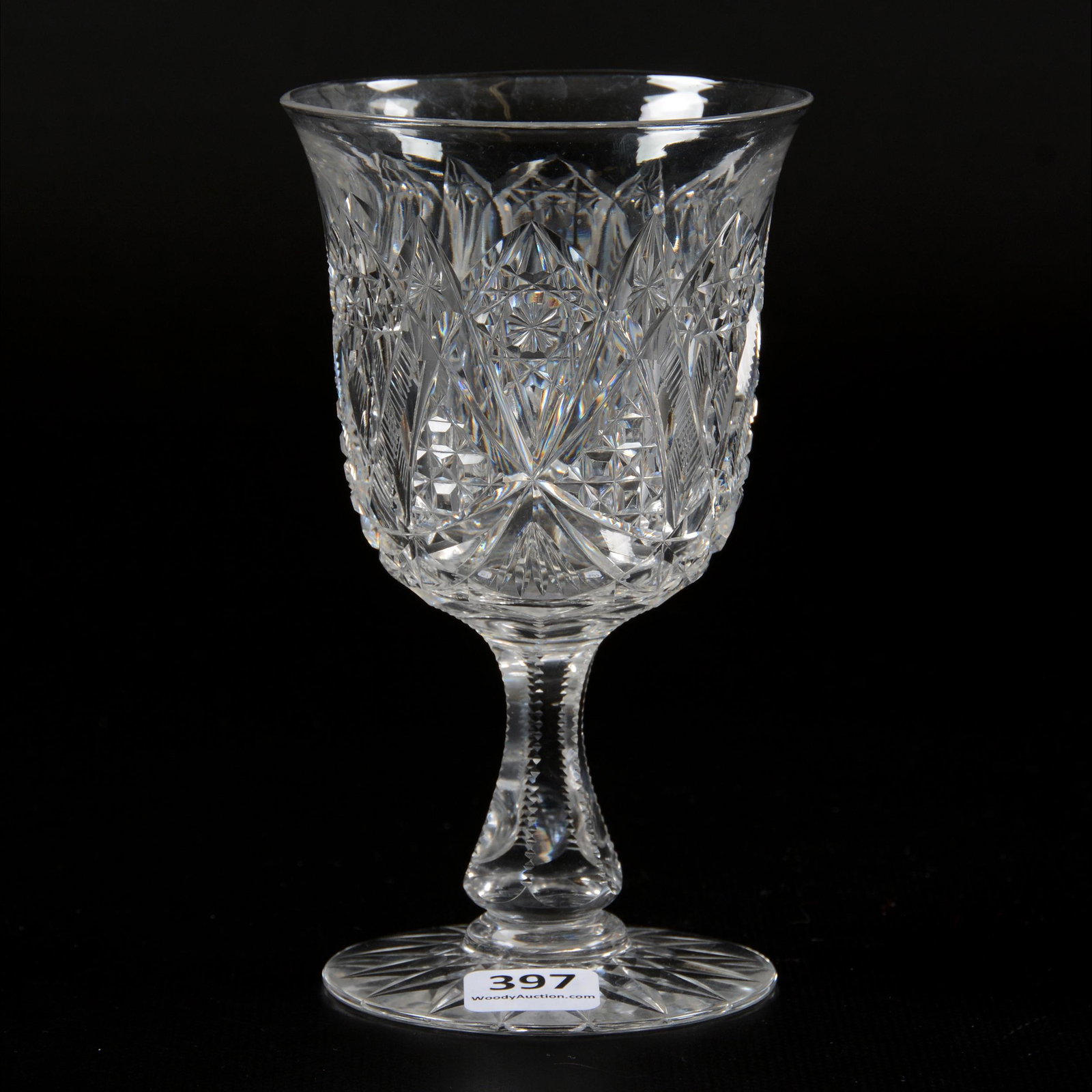 Goblet, American Brilliant Cut Glass, Wales Pattern By: Goblet, American Brilliant Cut Glass, Wales Pattern By Straus, 6" x 3.5", Bell Shape, Hobstar Foot, Rim Chip, The Glenda Klein Collection