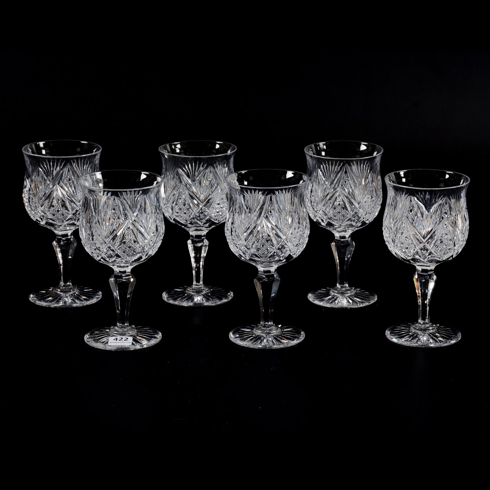 (6) Goblets, American Brilliant Cut Glass: (6) Goblets, American Brilliant Cut Glass, 6.25" x 3", Bell Shaped Bowl With Cane, Zipper, Crosshatch And Fan Motif, Ray Cut Foot, Attributed To J. Hoare, One Has Rim Crack, The Glenda Klein Collectio