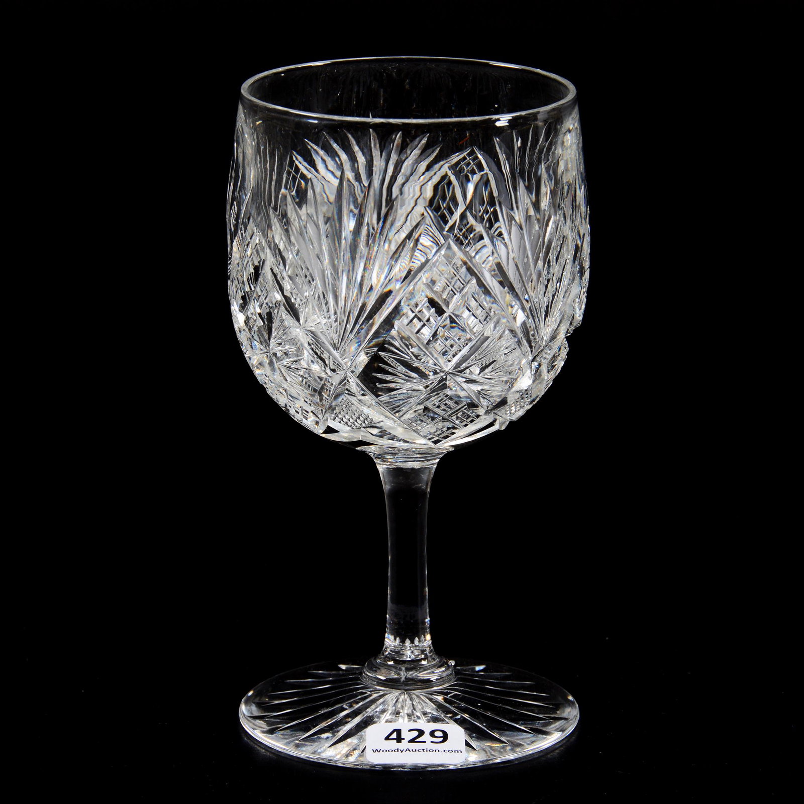 Goblet, American Brilliant Cut Glass: Goblet, American Brilliant Cut Glass, 5.75" x 3", Strawberry Diamond, Crosscut Diamond And Fan Motif, Ray Cut Foot, The Glenda Klein Collection