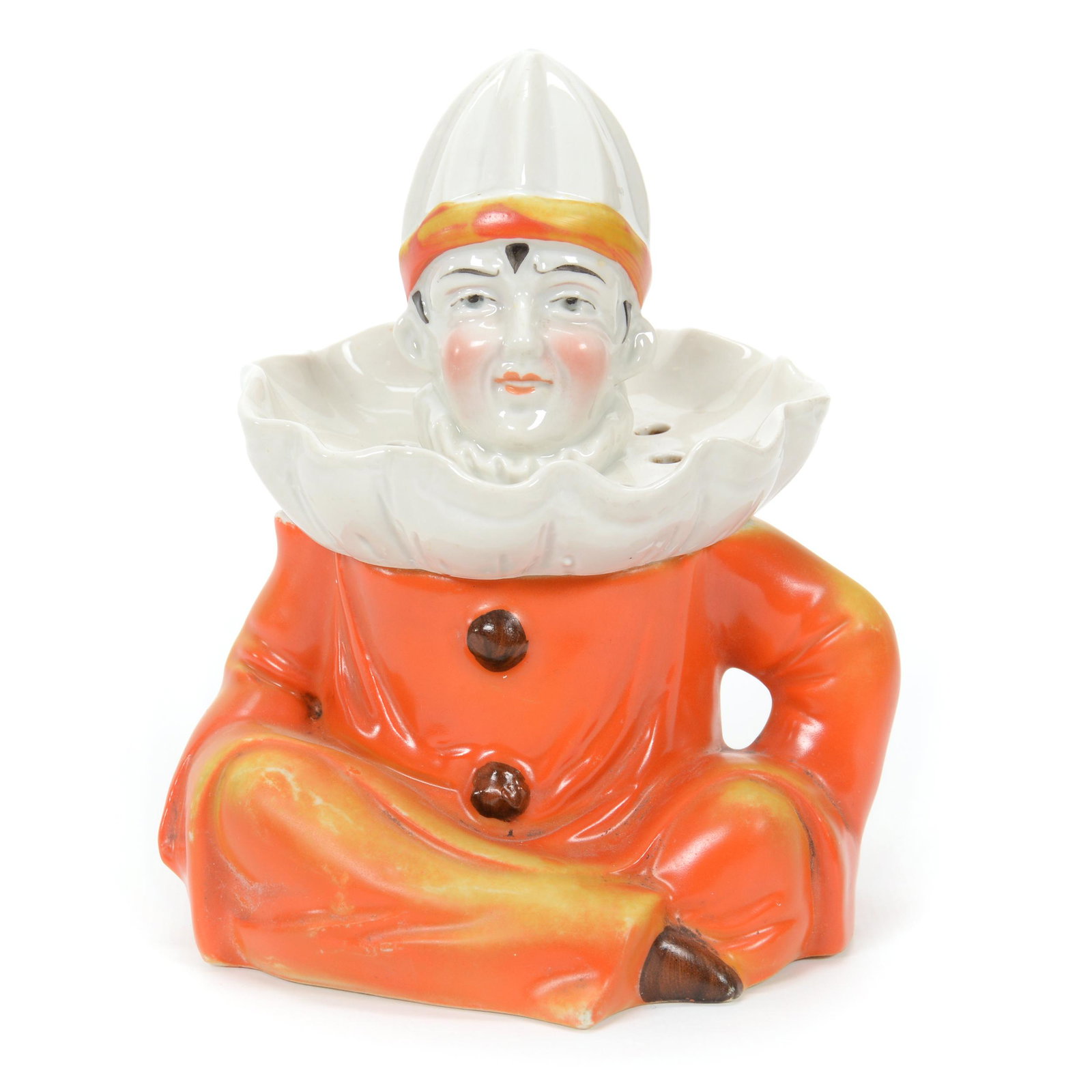 Figural Juicer, Unmarked Japan Porcelain: Figural Juicer, Unmarked Japan Porcelain, 5" x 4", Clown, Rim Chip on Base, Private Collection