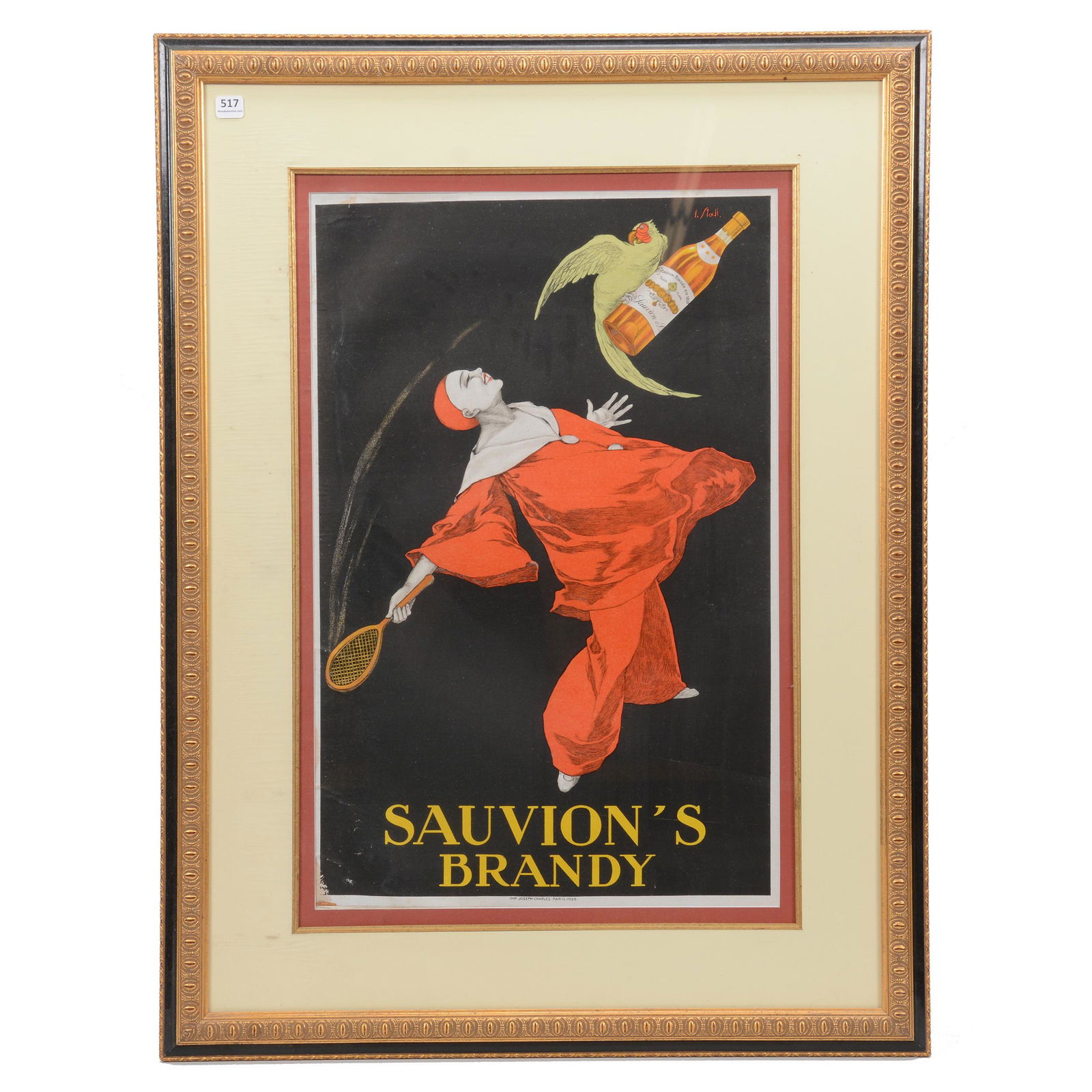 Framed And Matted Advertising Lithograph: Framed And Matted Advertising Lithograph, 33" x 24.75" overall, "Sauvion's Brandy" Featuring Clown In Red Suit Holding Tennis Racket, Also Says "Joseph-Charles Paris 1925", Modern Frame And Matting, P