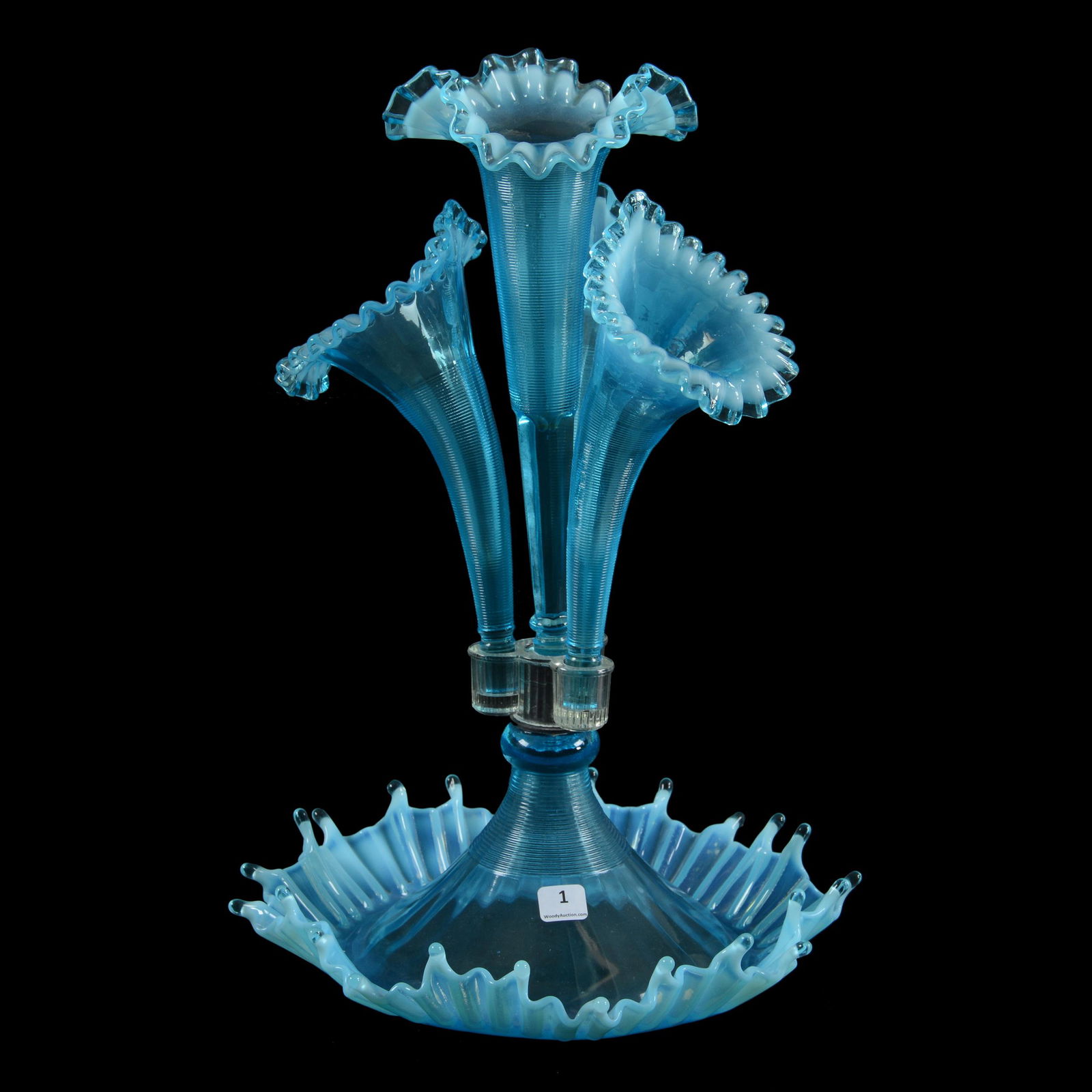 Epergne, Blue Opalescent Art Glass, Four Lilies (1 of 4)