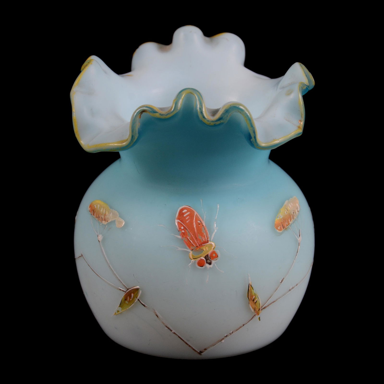 Toothpick Holder, Blue Satin Art Glass: Toothpick Holder, Blue Satin Art Glass, 2.75" x 2.5", Enamel Floral And Insect Decor, Private Collection, CA