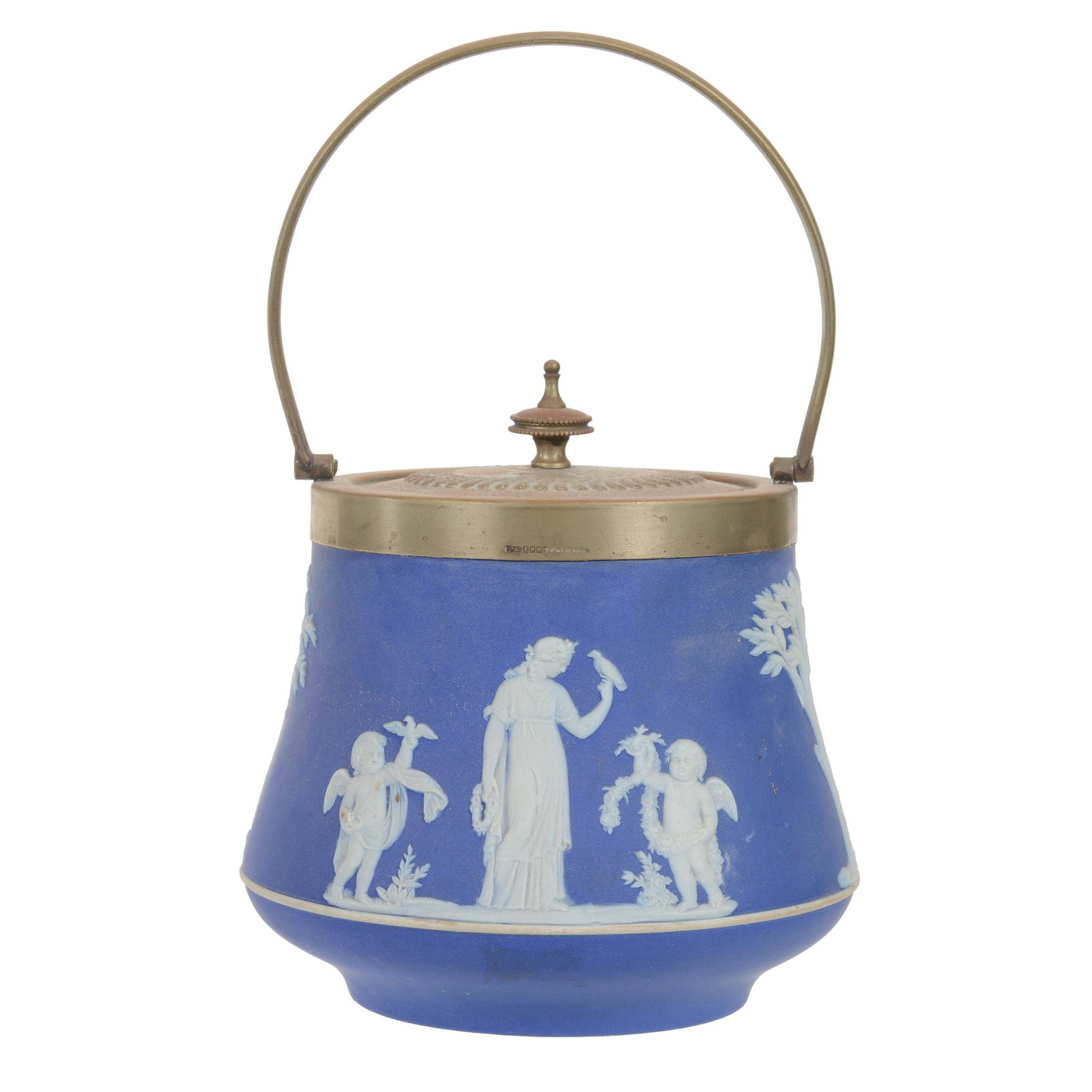Biscuit Jar Marked Wedgwood MIE: Biscuit Jar Marked Wedgwood MIE, 6" x 5.5", Classic Blue And White With Traditional Relief Decor, Silverplate Lid And Bail, Private Collection, CA