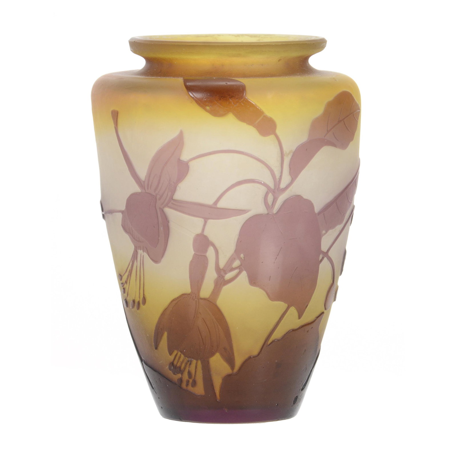 Vase, Signed Galle French Cameo Art Glass: Vase, Signed Galle French Cameo Art Glass, 4.5" x 3", White And Yellow Background With Lavender Cameo Carved Floral Overlay, Collection Of Dave And Lisa Opfer