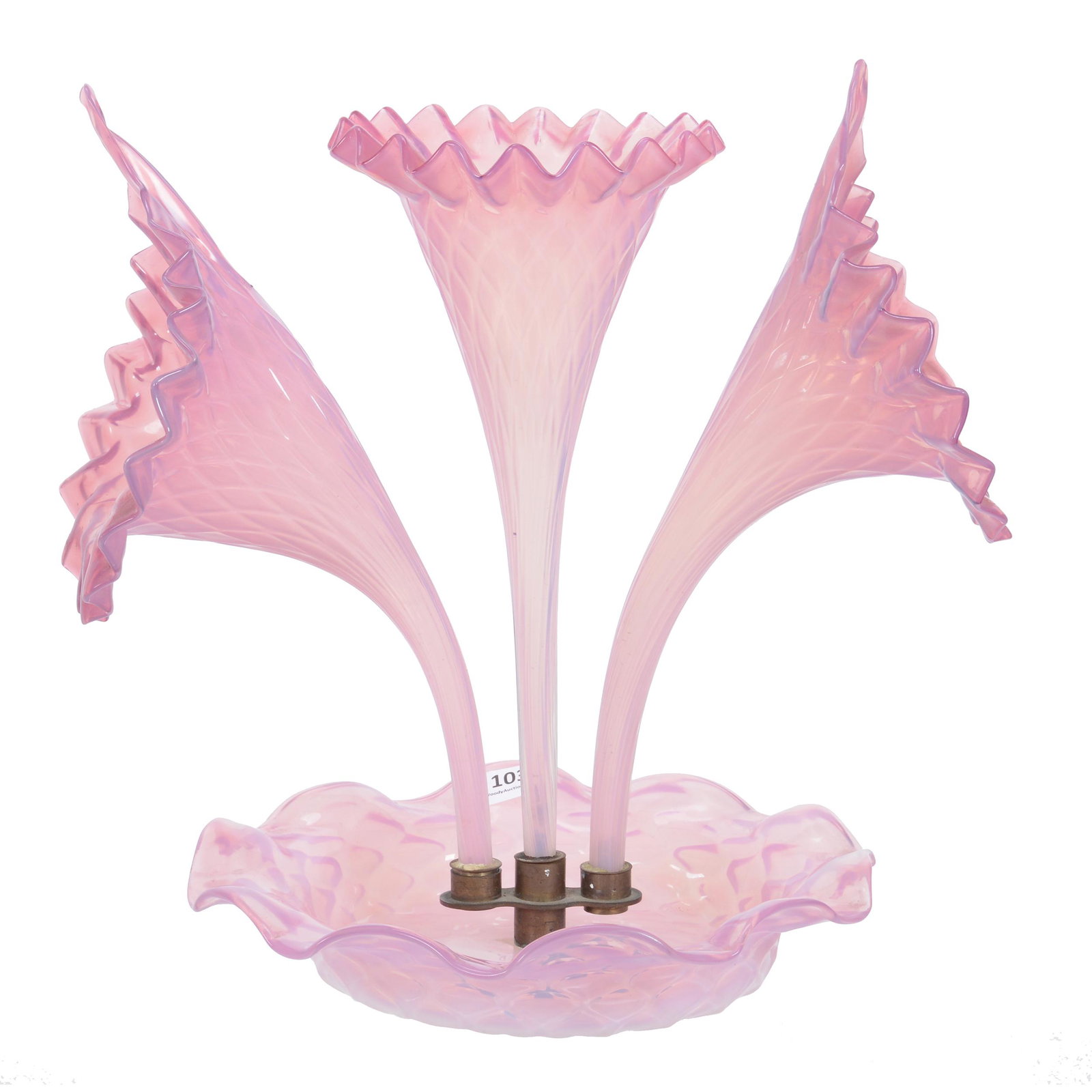 Epergne, Pink Opalescent Diamond Quilted Art Glass: Epergne, Pink Opalescent Diamond Quilted Art Glass, 12.5" x 13", Three Lilies, Circa 1960's, Private Collection, CA