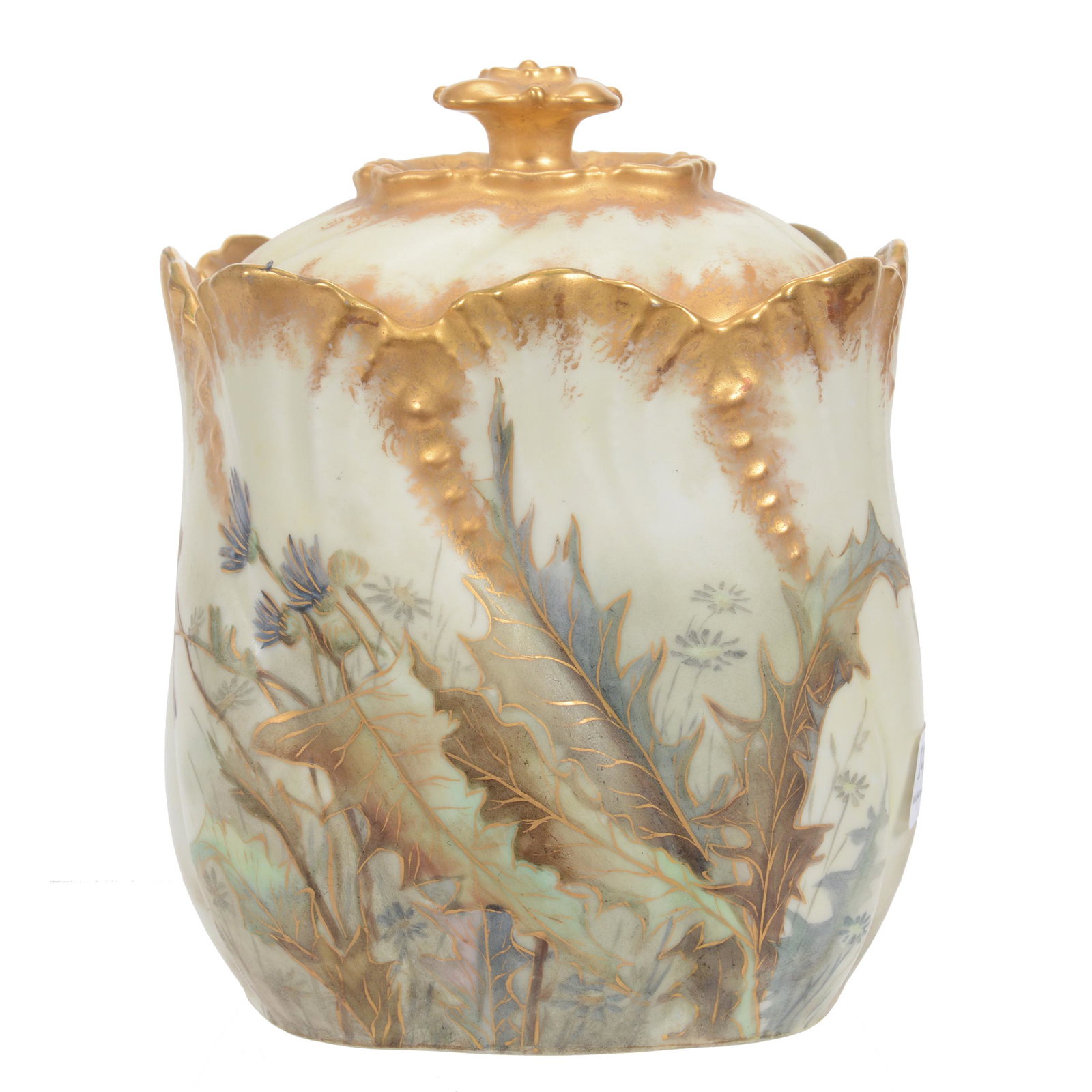 Biscuit Jar Marked A.L. Limoges: Biscuit Jar Marked A.L. Limoges, 6.75" x 5", Cream Tones With Beautiful Thistle Decor, Strong Gold Trim Highlights, Artist Signed, Dated 1891, Significant Hairline And Repair, Private Collection, CA