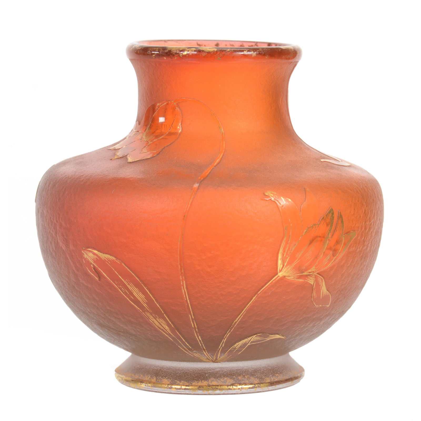 Vase Signed Daum Nancy French Cameo Art Glass: Vase Signed Daum Nancy French Cameo Art Glass, 3.5" x 3.5", Apricot And Cranberry Tones, Acid Cut Ground With Cameo Carved Tulip Decor And Gold Stencil Highlights, Private Collection