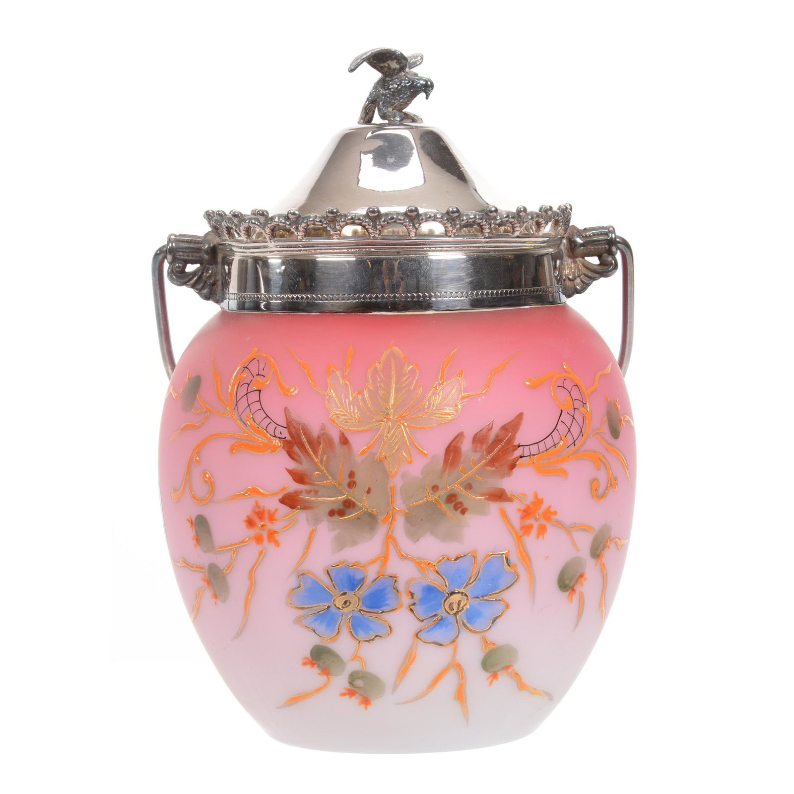 Biscuit Jar, Pink Satin Art Glass: Biscuit Jar, Pink Satin Art Glass, 7.5", Enamel Floral Decor, Silverplate Lid And Bail, Bird Finial, Private Collection, CA