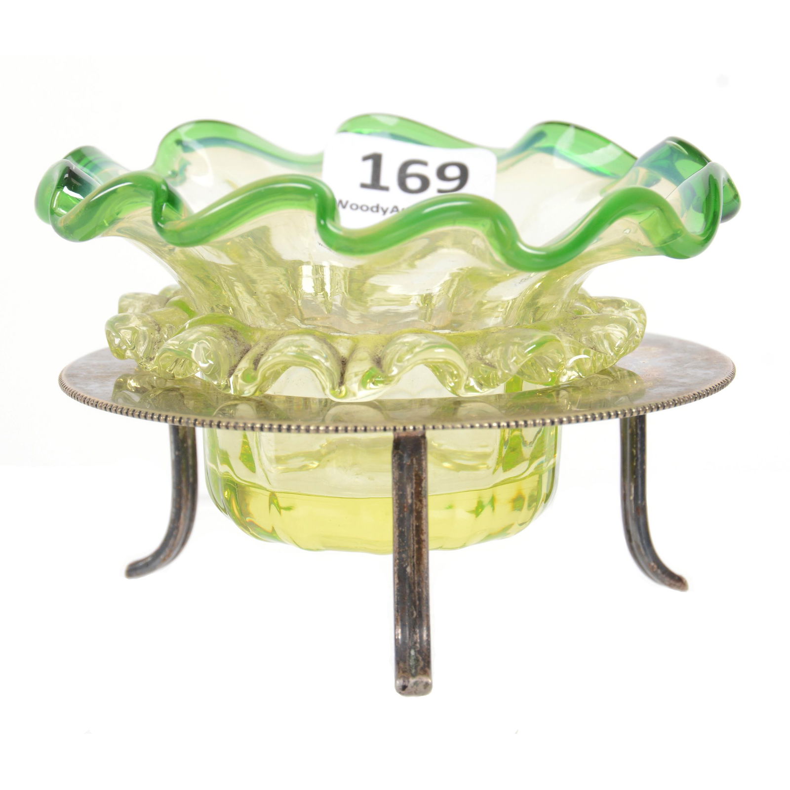 Victorian Salt Dip, Vaseline Art Glass Ruffled Bowl (1 of 4)