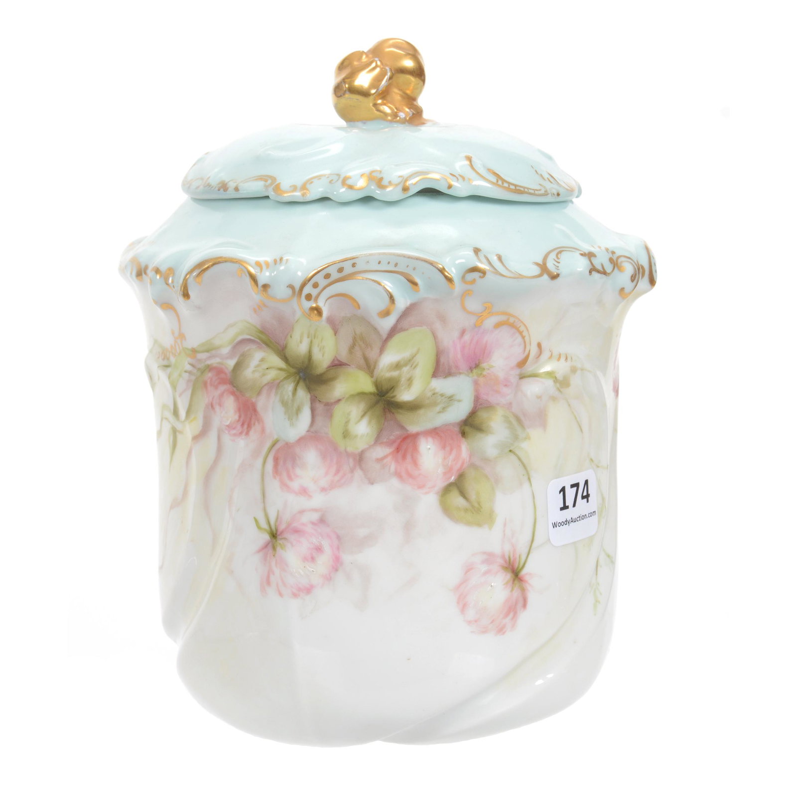 Biscuit Jar Marked A.L. Limoges: Biscuit Jar Marked A.L. Limoges, 7.25" x 5.5", Blue And Cream Tones With Pink Floral Decor, Artist Marked, Private Collection, CA
