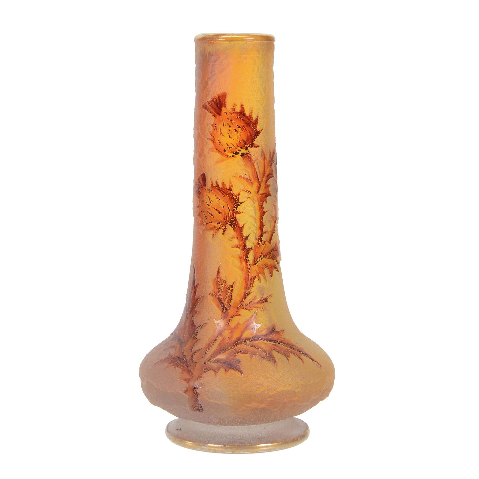 Vase Signed Daum Nancy French Cameo Art Glass: Vase Signed Daum Nancy French Cameo Art Glass, 4.5" x 2.25", Yellow Acid Cut Ground With Cameo Carved Thistle Decor, Enamel Highlights, Private Collection