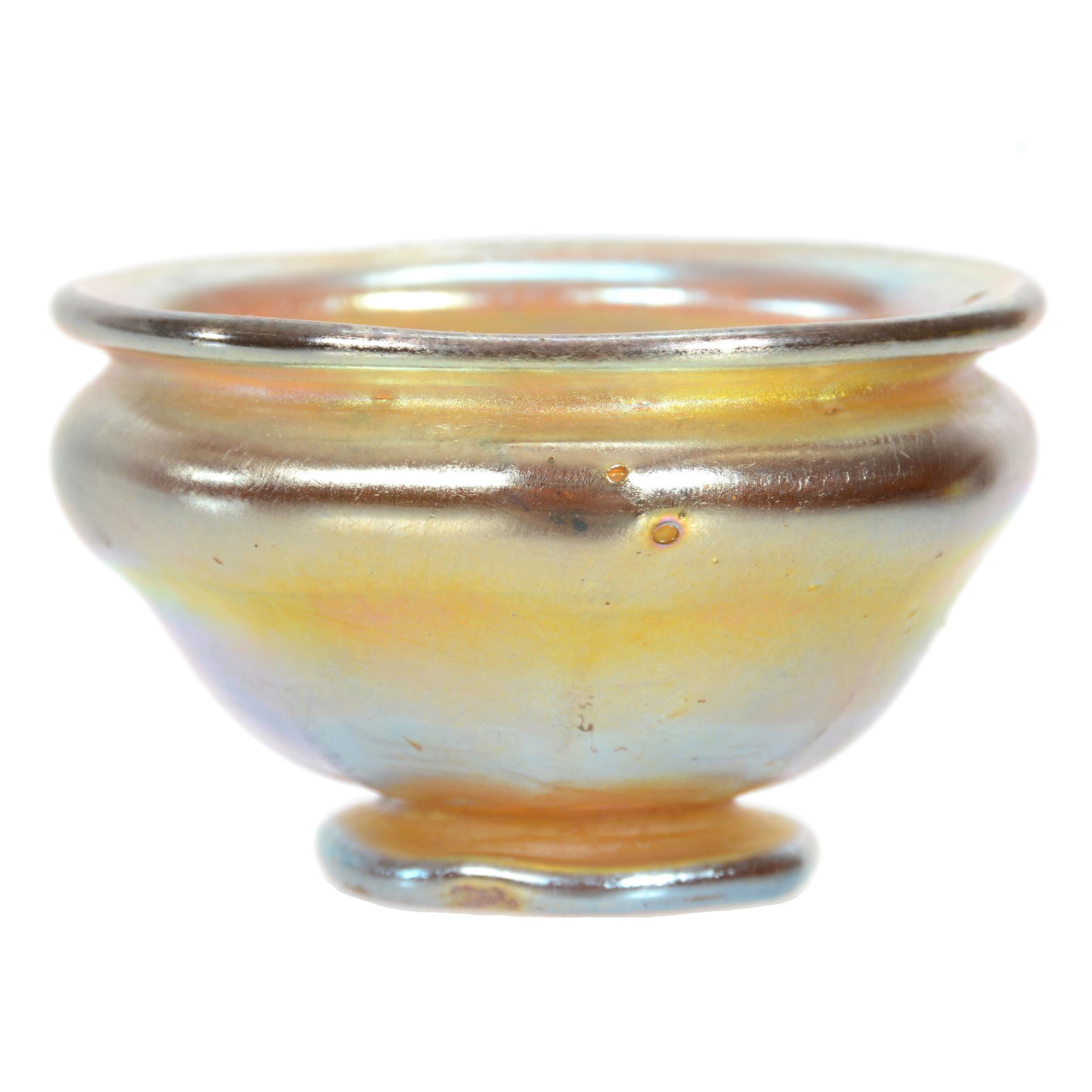 Salt Cellar Signed "LCT" (Tiffany) Art Glass: Salt Cellar Signed "LCT" (Tiffany) Art Glass, 1.5" x 2.25", Gold Iridescent, Open Bubble On Interior Rim, Collection Of Dave And Lisa Opfer