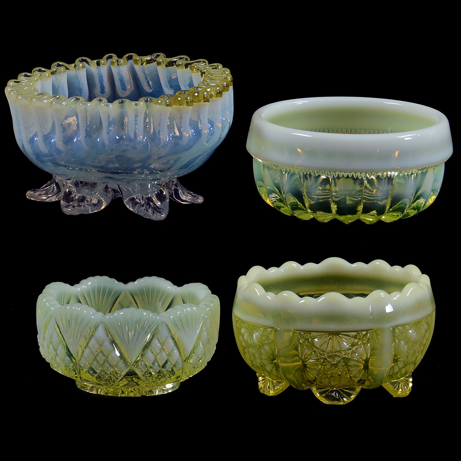 (4) Salt Cellars, Assorted: (4) Salt Cellars, Assorted, Sizes Range From 2.25" To 3", (3) Are Vaseline Opalescent, (1) Colored Opalescent With Applied Yellow Rim, See Photos For Details, Private Collection