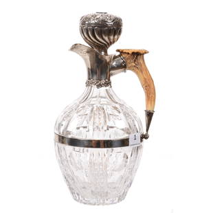 Decanter, ABCG, Stag Horn Handle: Decanter, ABCG, Stag Horn Handle, 9.75" x 5.25", Bullseye And Prism Motif, Sterling Silver Spout, Sterling Silver Band Around Body, Embossed Solid Silver Stopper, Hobstar Base, The David Haines