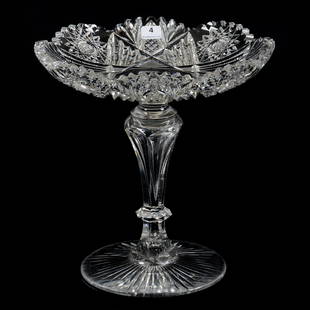 Compote, ABCG, Signed Libbey: Compote, ABCG, Signed Libbey, 10" x 9.75", Hobstar, Prism, Crosscut Diamond, Strawberry Diamond And Fan Motif, Large Teardrop Stem, Ray Cut Foot, Extra Nice Blank, The David Haines Collection, TN.