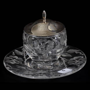 Jam Jar, Attached Underplate, ABCG: Jam Jar, Attached Underplate, ABCG, 4.25" x 6", Engraved Floral Motif, Sterling Silver Lid Marked Whiting #6077, The David Haines Collection, TN.
